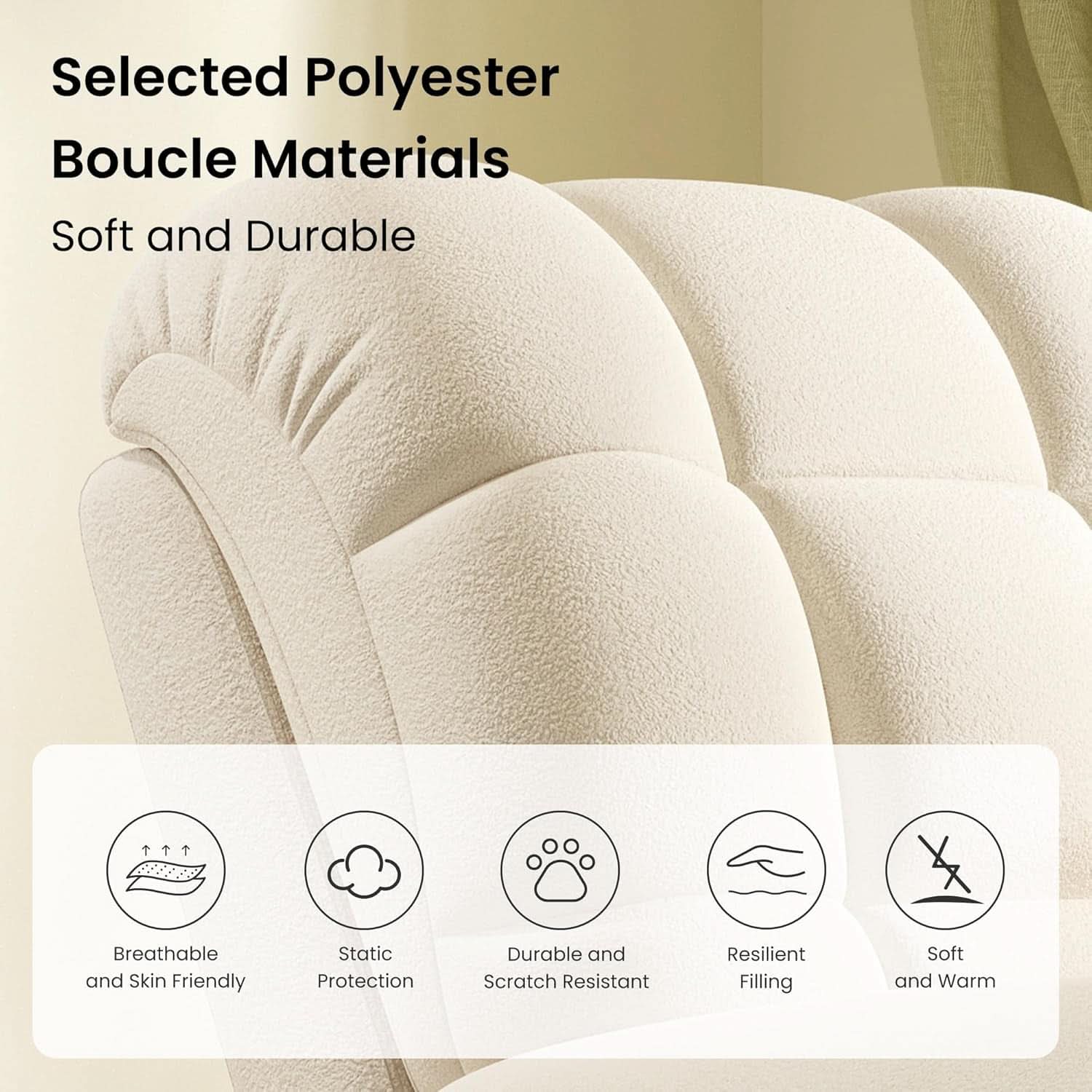 Electric Recliner Chair For Adults With USB Port And Teddy Fleece Beige White For Living Room