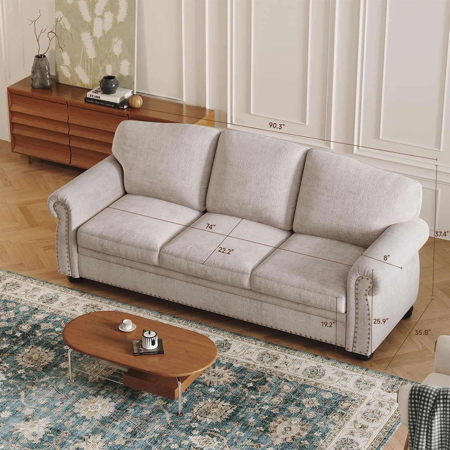 Elegant 90 Inch Nailhead Trim Sofa for Living Room