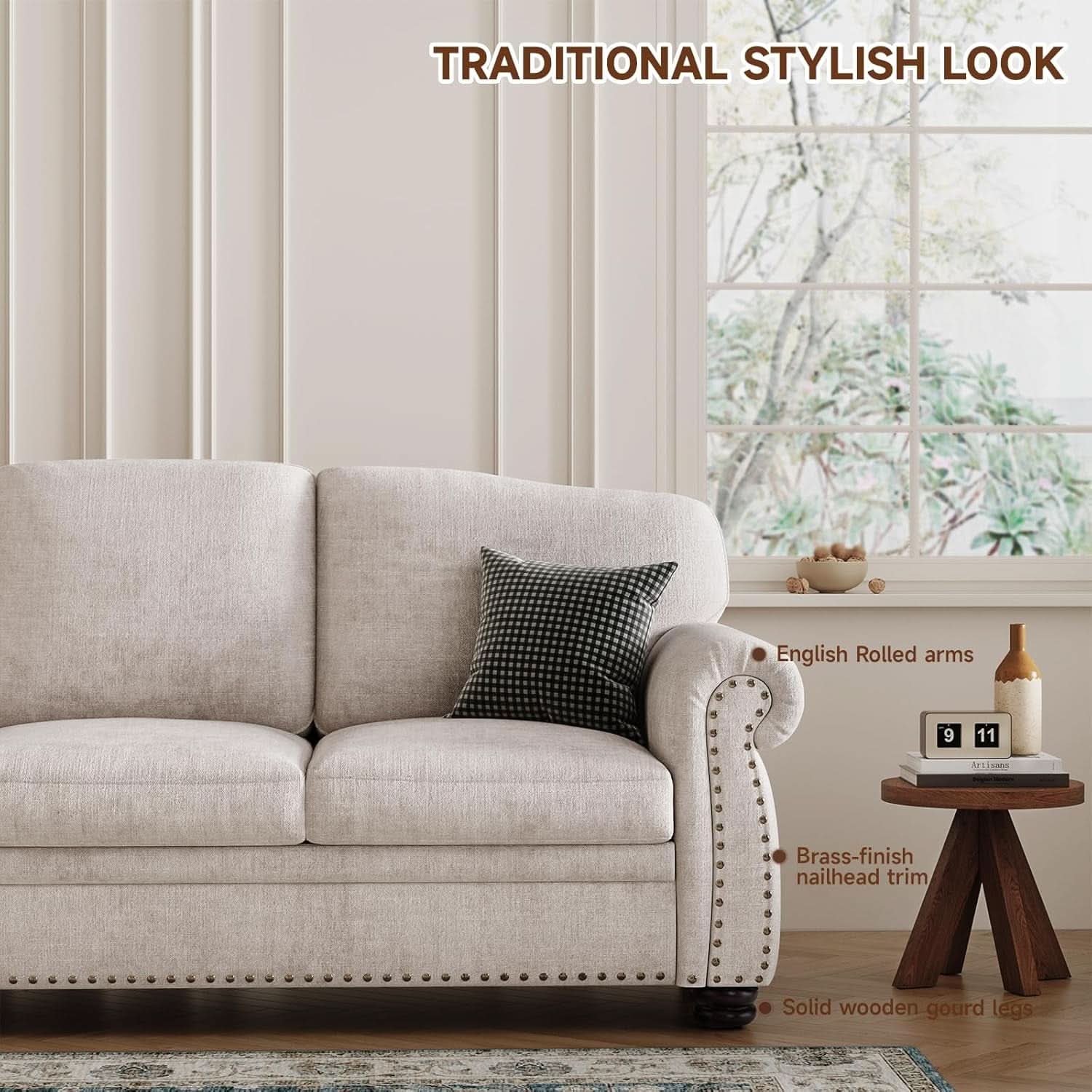 Elegant 90 Inch Nailhead Trim Sofa for Living Room