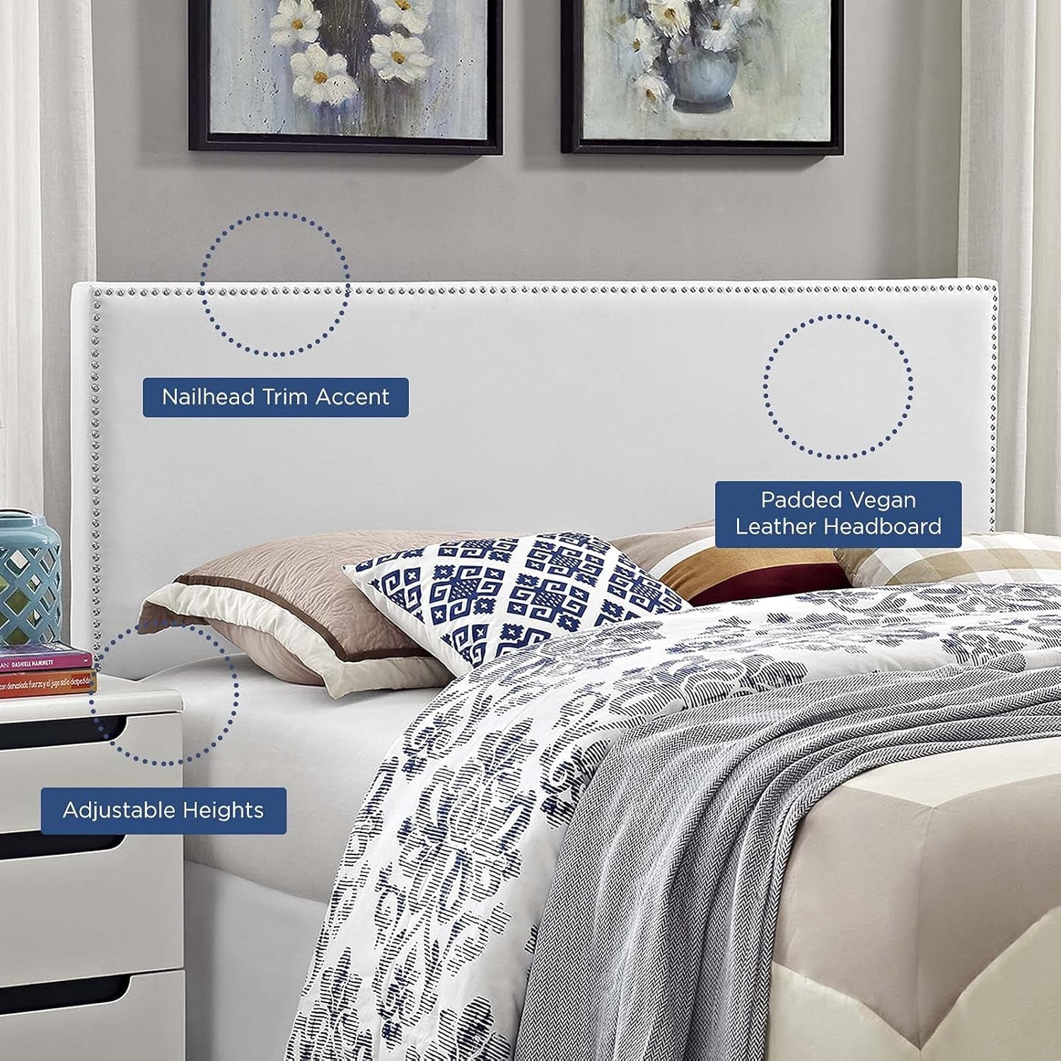 Elegant Faux Leather King Headboard with Nailhead Trim