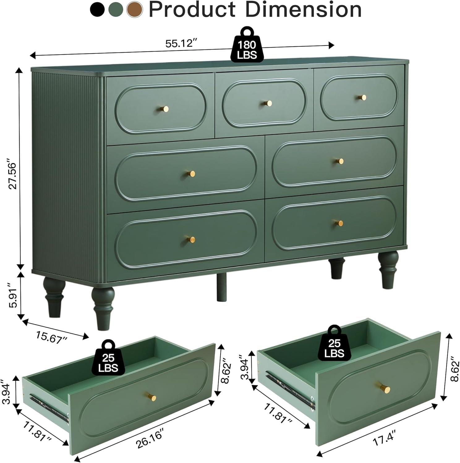 Emerald Green Fluted Seven Drawer Dresser Midcentury