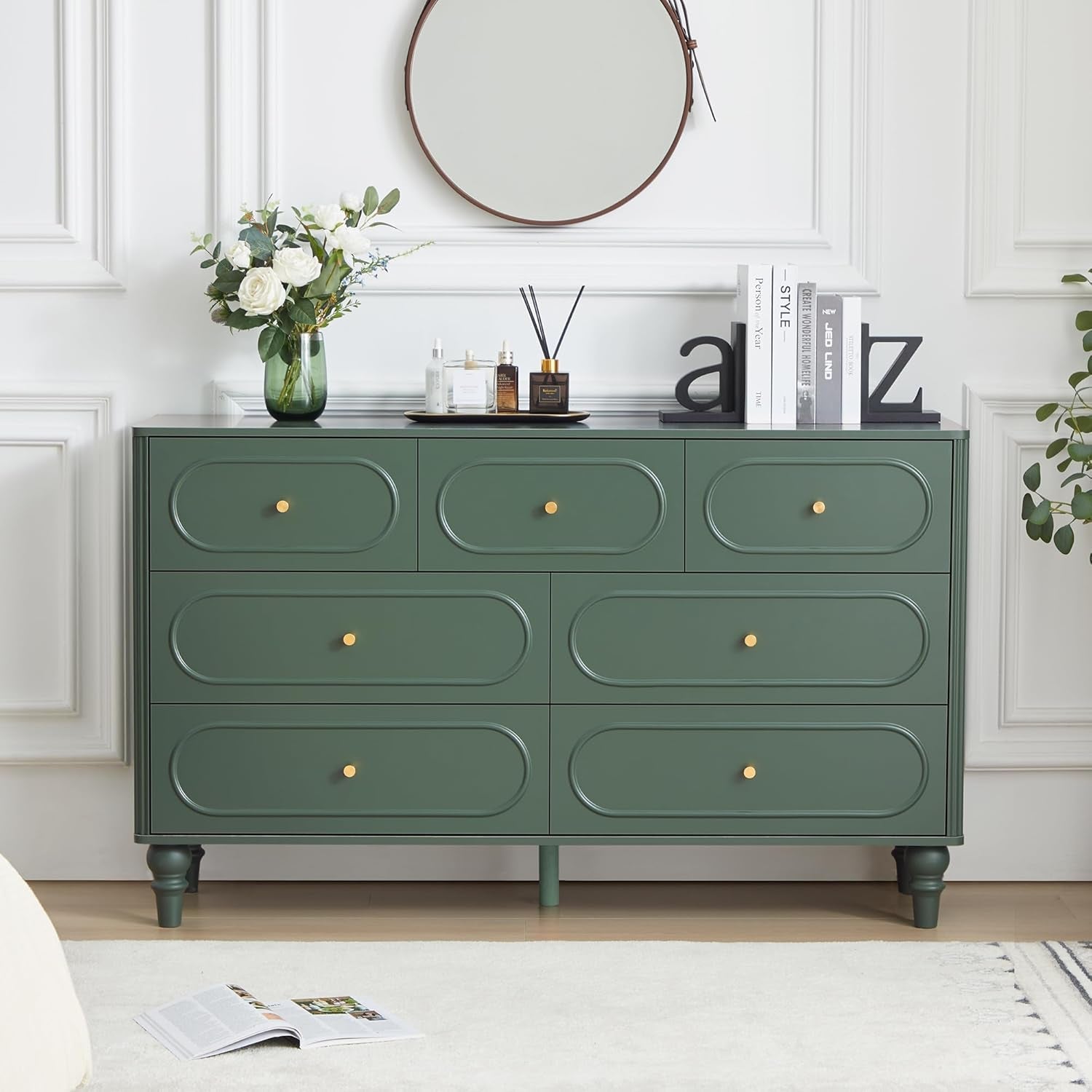 Emerald Green Fluted Seven Drawer Dresser Midcentury