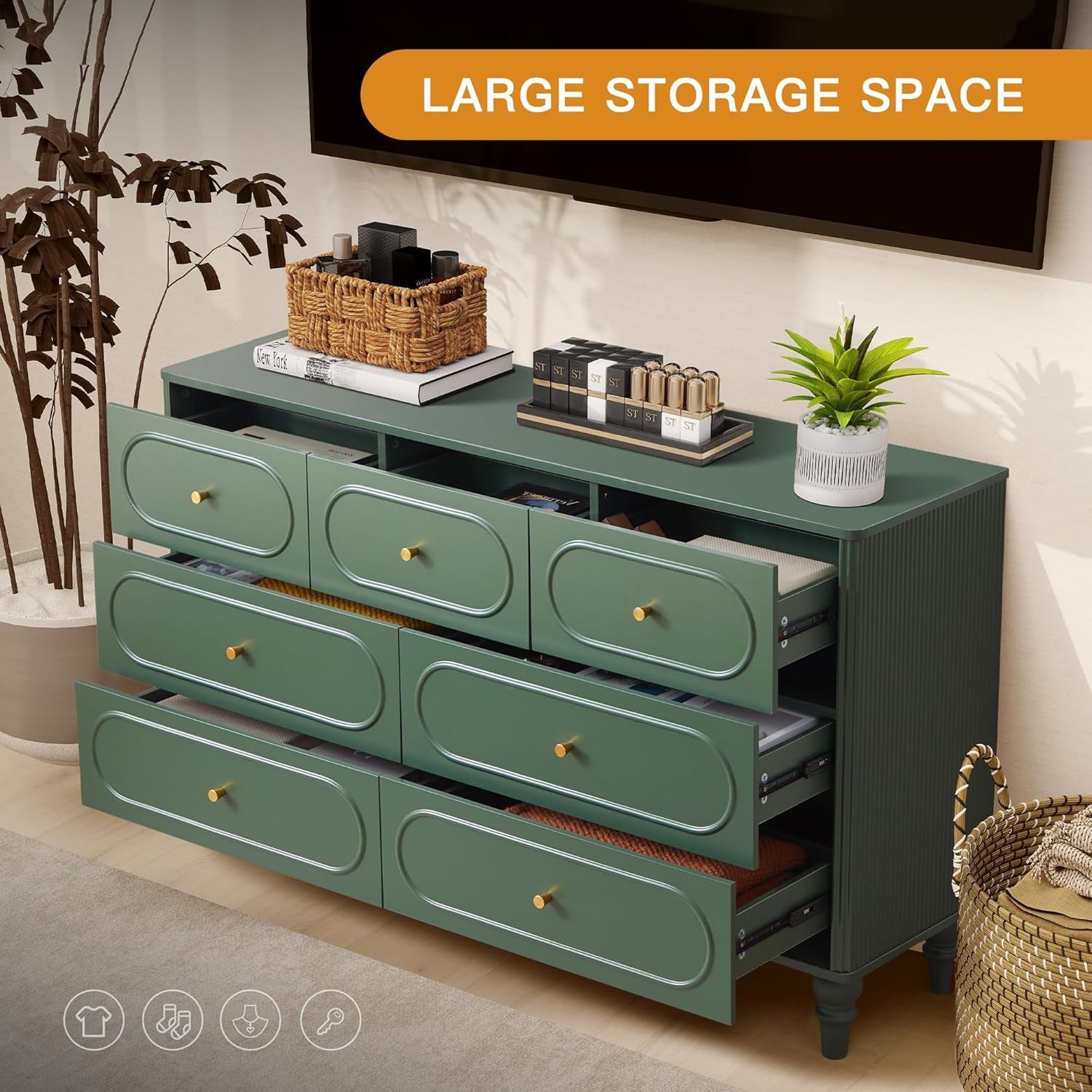 Emerald Green Fluted Seven Drawer Dresser Midcentury