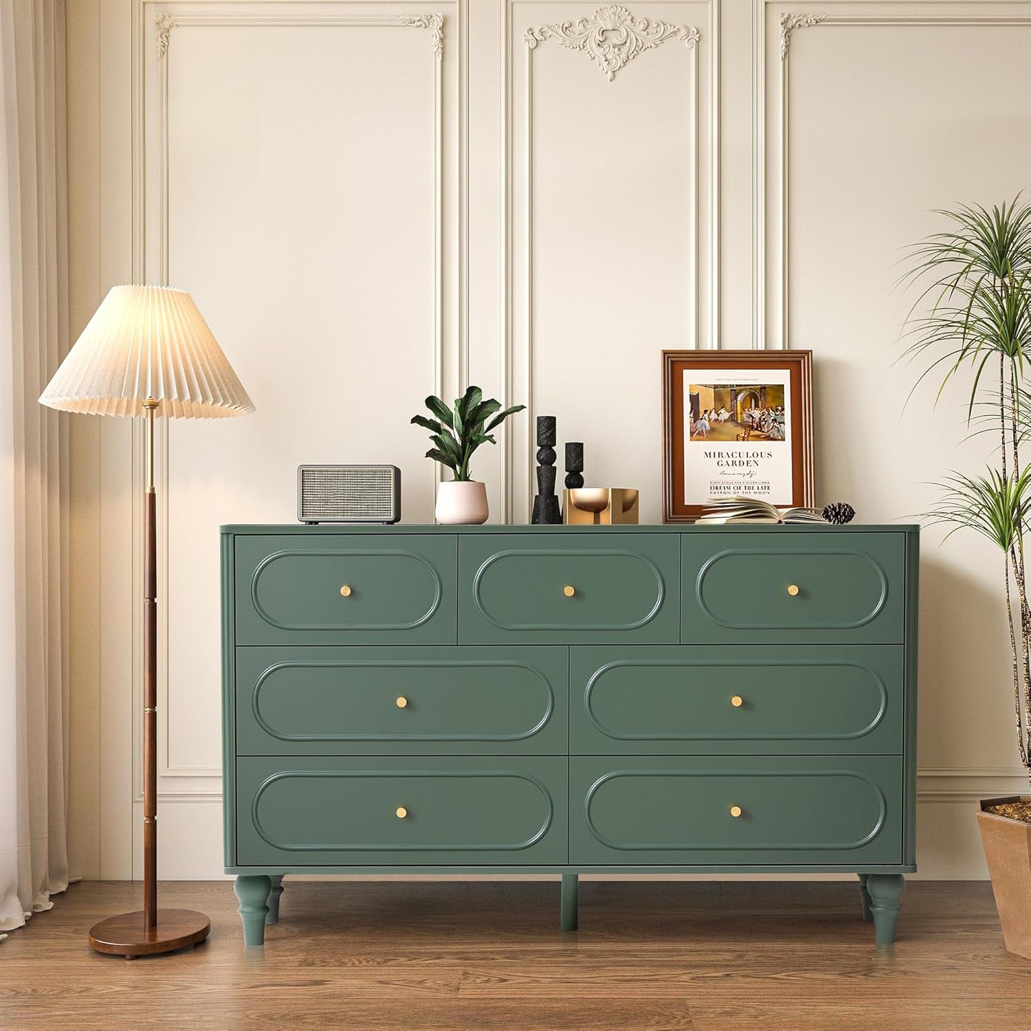 Emerald Green Fluted Seven Drawer Dresser Midcentury