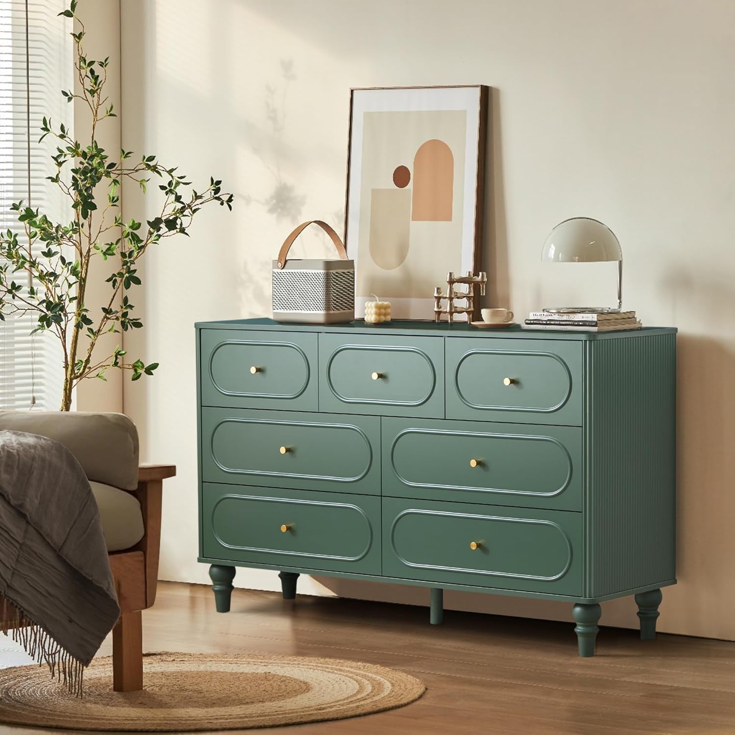 Emerald Green Fluted Seven Drawer Dresser Midcentury