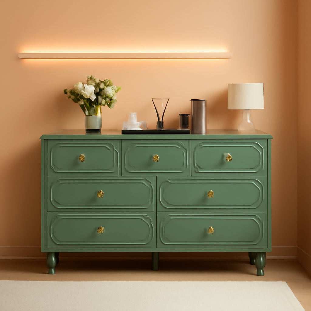 Emerald Green Fluted Seven Drawer Dresser Midcentury