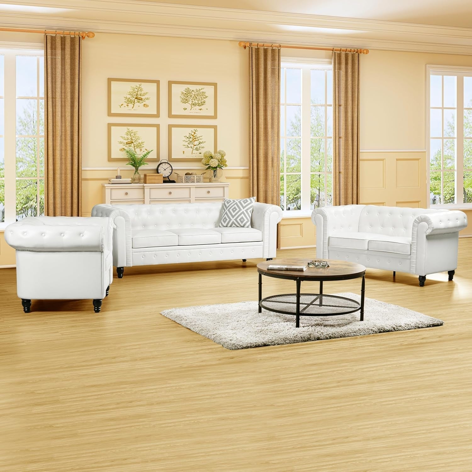 Emery Chesterfield 3 Piece Sectional Sofa Set Off White