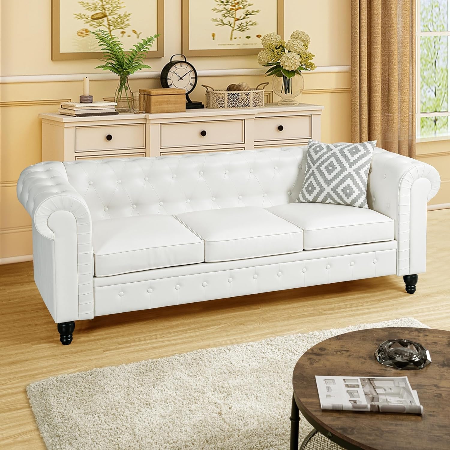 Emery Chesterfield 3 Piece Sectional Sofa Set Off White