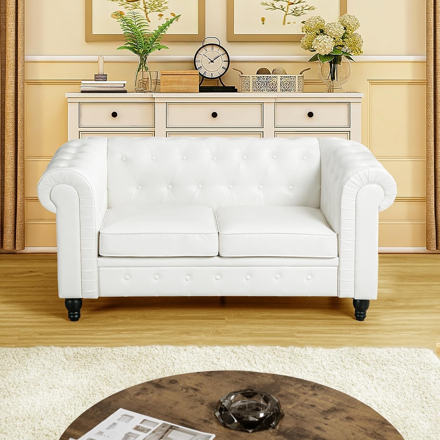 Emery Chesterfield 3 Piece Sectional Sofa Set Off White