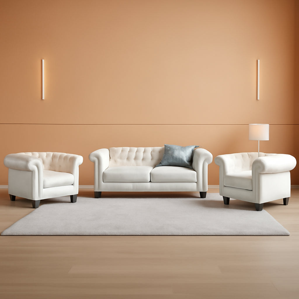 Emery Chesterfield 3 Piece Sectional Sofa Set Off White