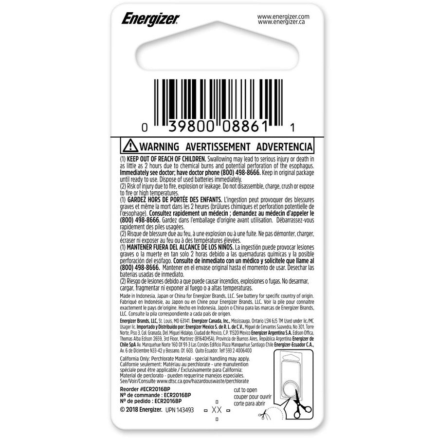 Energizer 2016 Lithium Coin Battery, 1 Pack