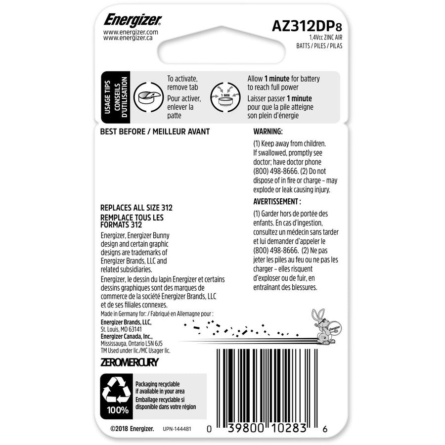 Energizer Ez Turn & Lock Size 312, 8-Pack, Brown Az312Dp-8