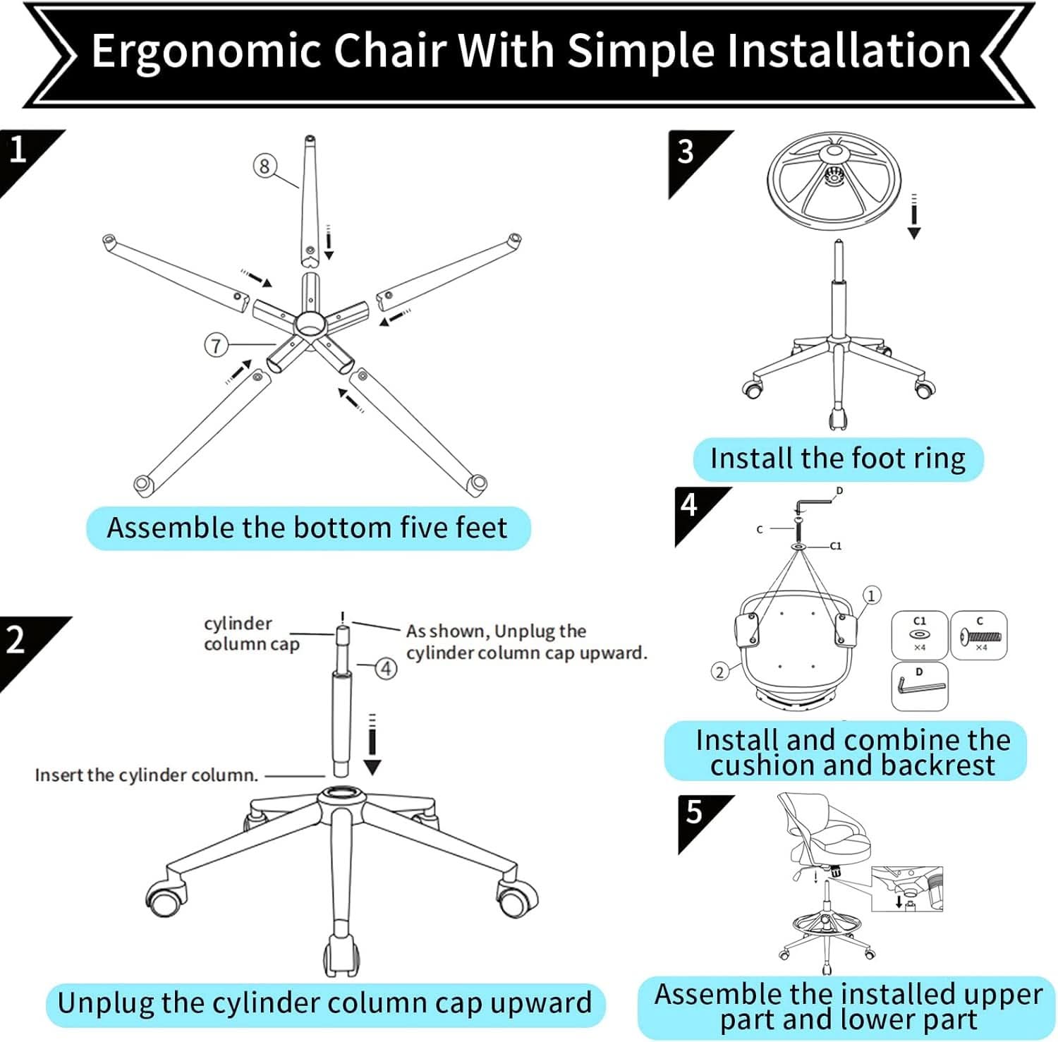 Ergonomic Drafting Chair With Lumbar Support And Foot Ring