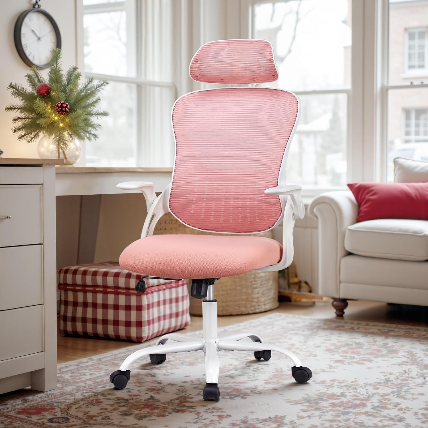 Ergonomic Pink Home Office Chair With Lumbar Support