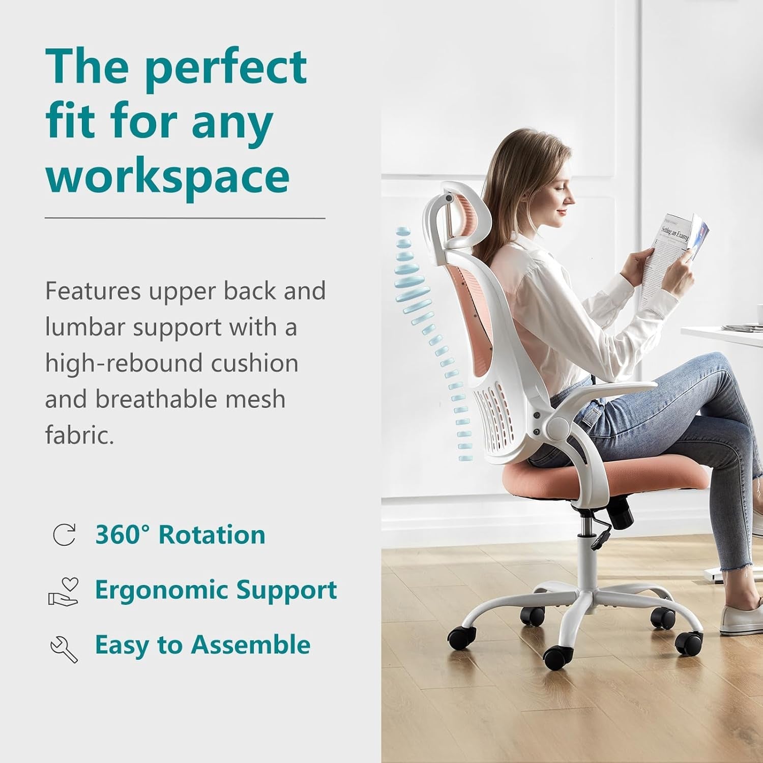 Ergonomic Pink Home Office Chair With Lumbar Support