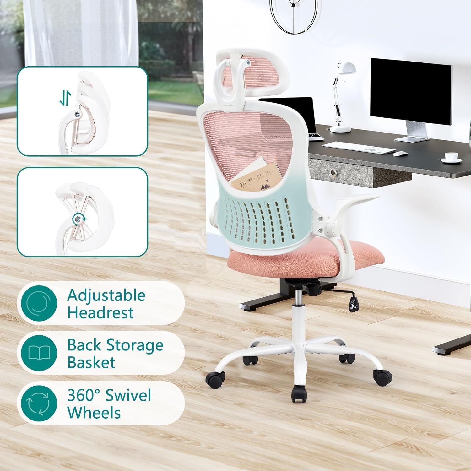 Ergonomic Pink Home Office Chair With Lumbar Support