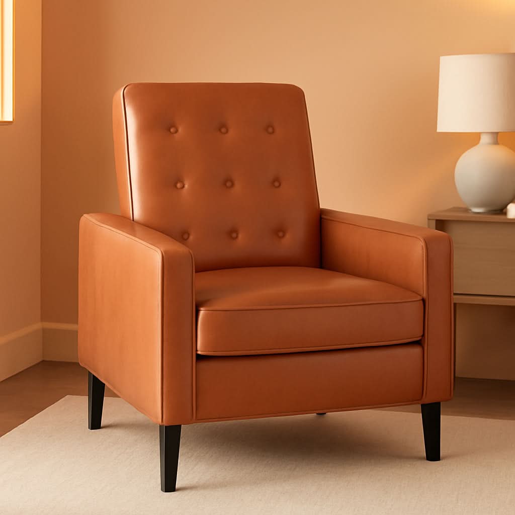 Erza Cognac Brown Leathersoft Pushback Mid Century Modern Recliner Chair