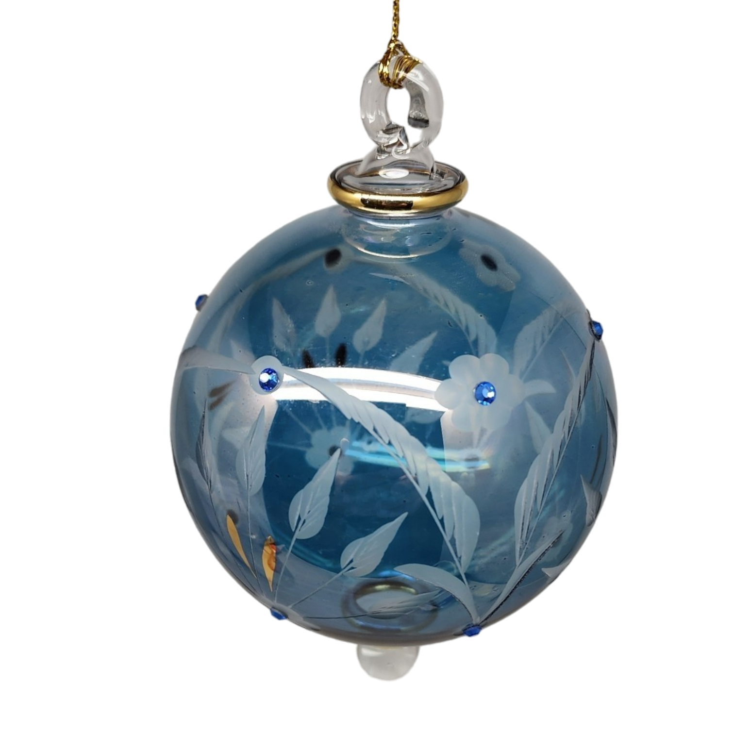 Etched Blown Glass Ball with Crystal Accents - Blue