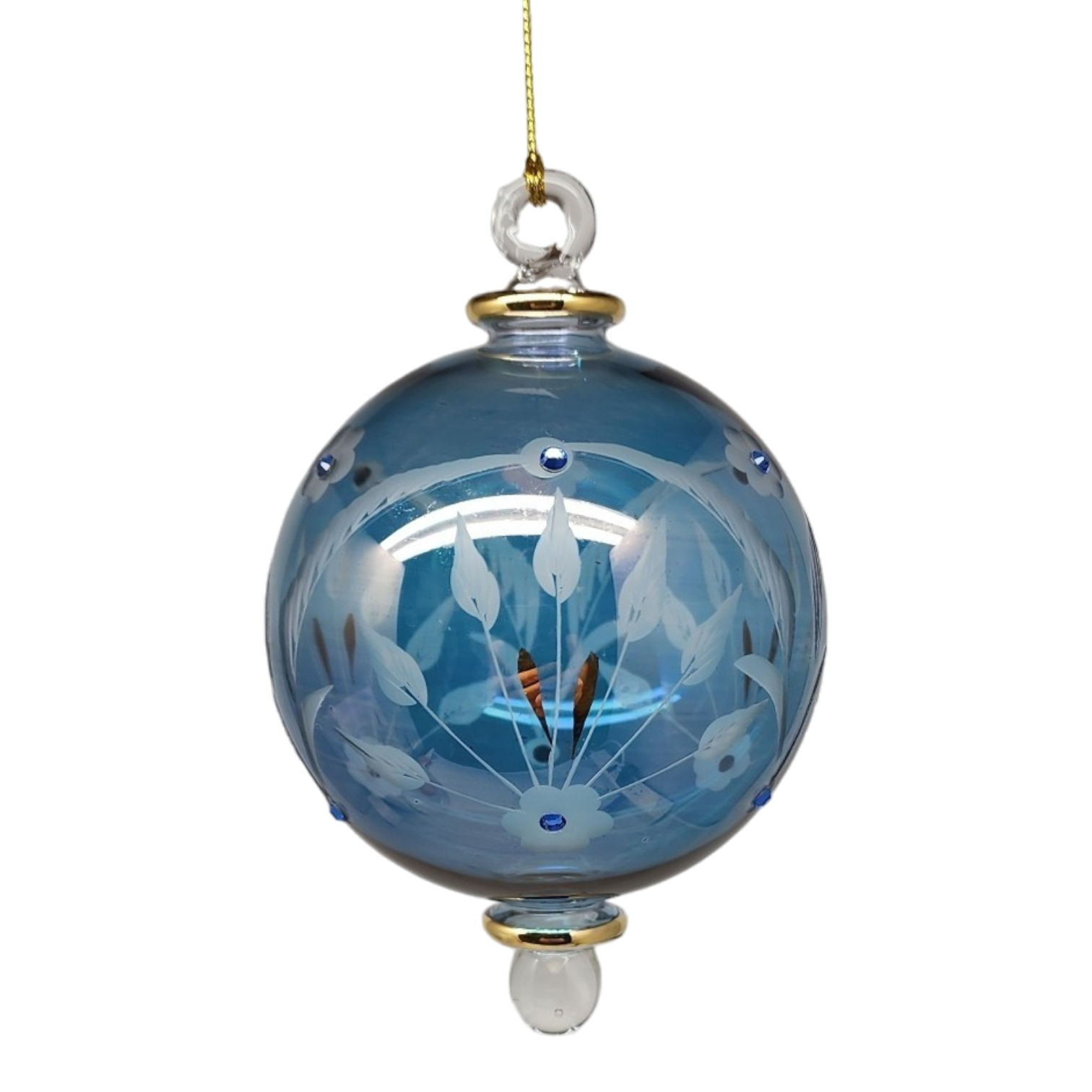Etched Blown Glass Ball with Crystal Accents - Blue