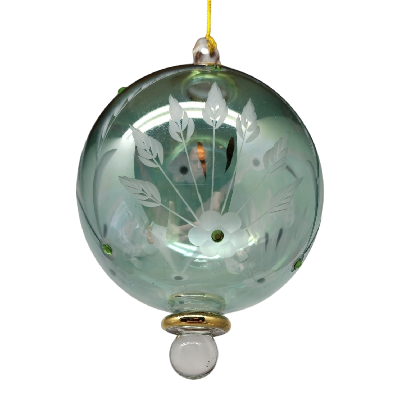 Etched Blown Glass Ball with Crystal Accents - Green