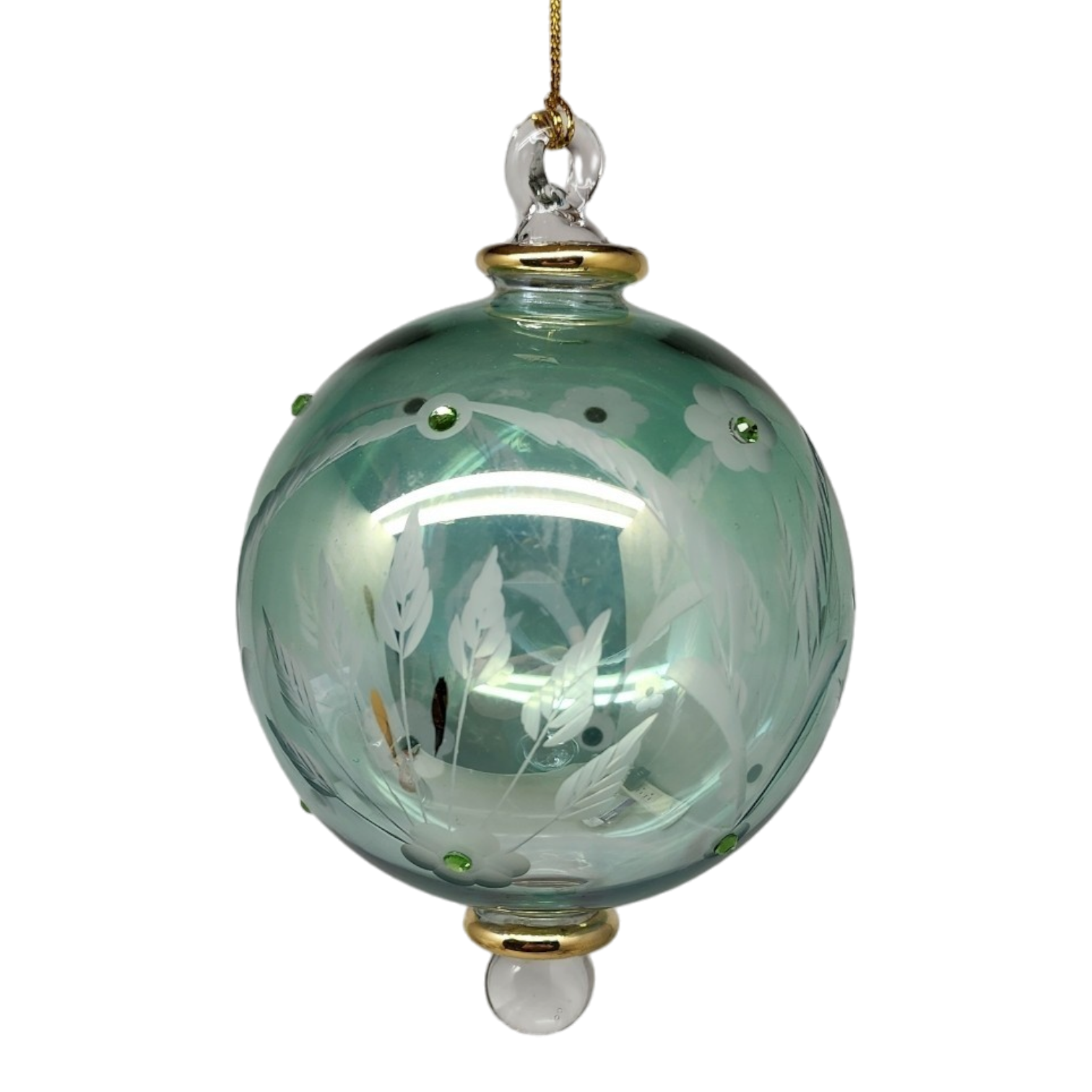 Etched Blown Glass Ball with Crystal Accents - Green