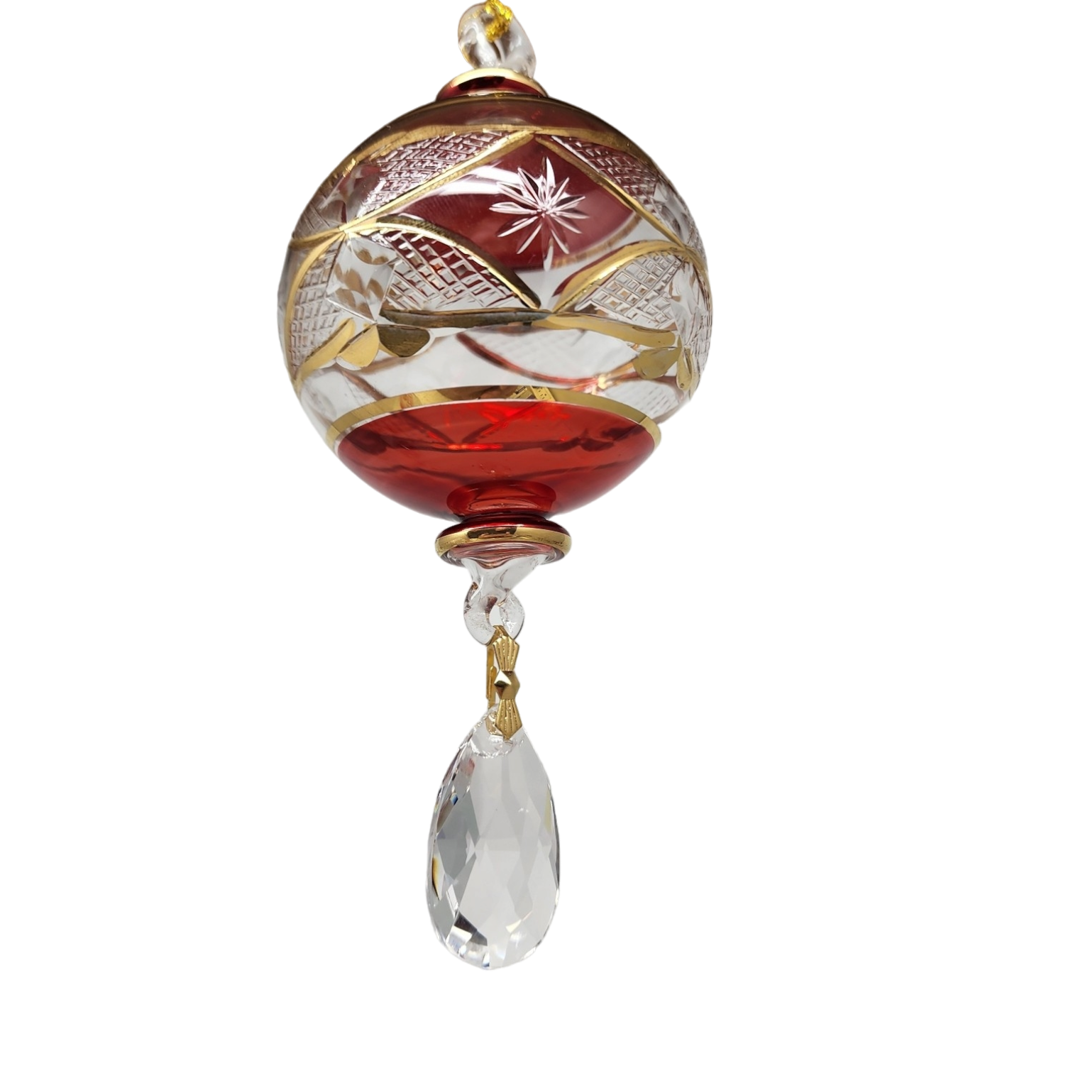 Etched Blown Glass Ball with Crystal Dangle - Red