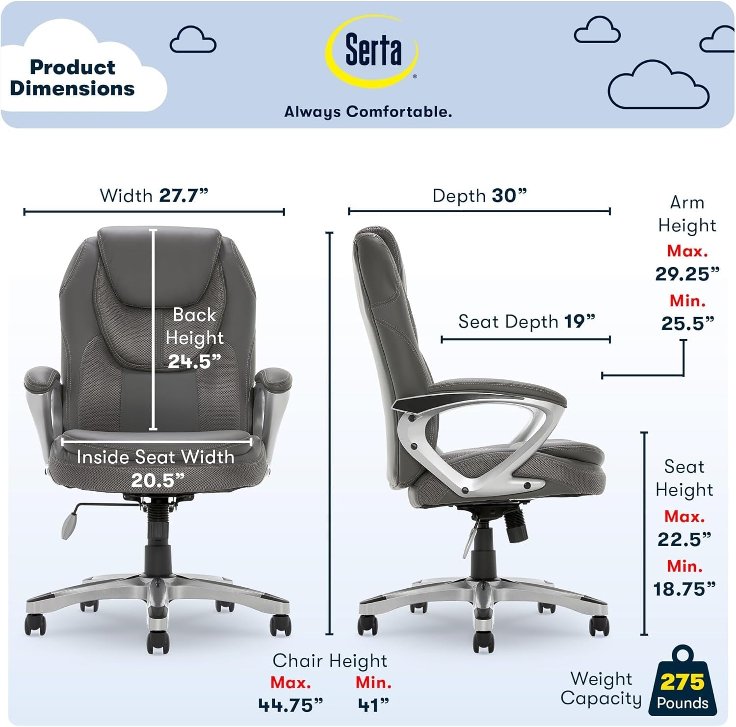 Executive Ergonomic Office Chair With Lumbar Support And Padded Arms Light Gray