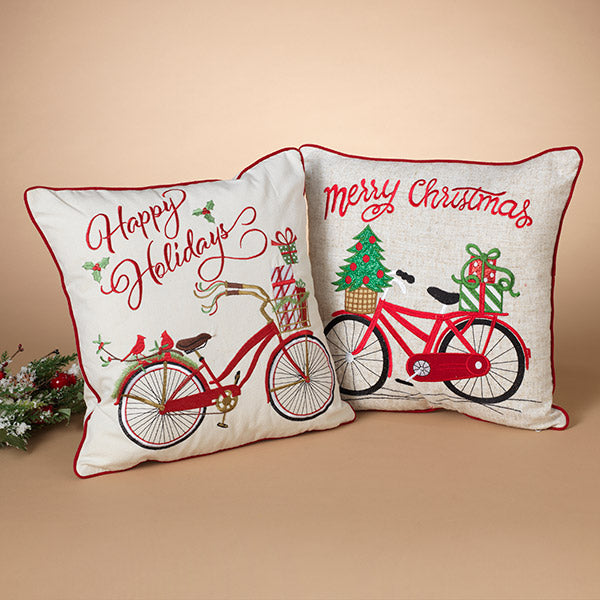 Fabric Holiday Bicycle Design Pillow - Happy Holidays