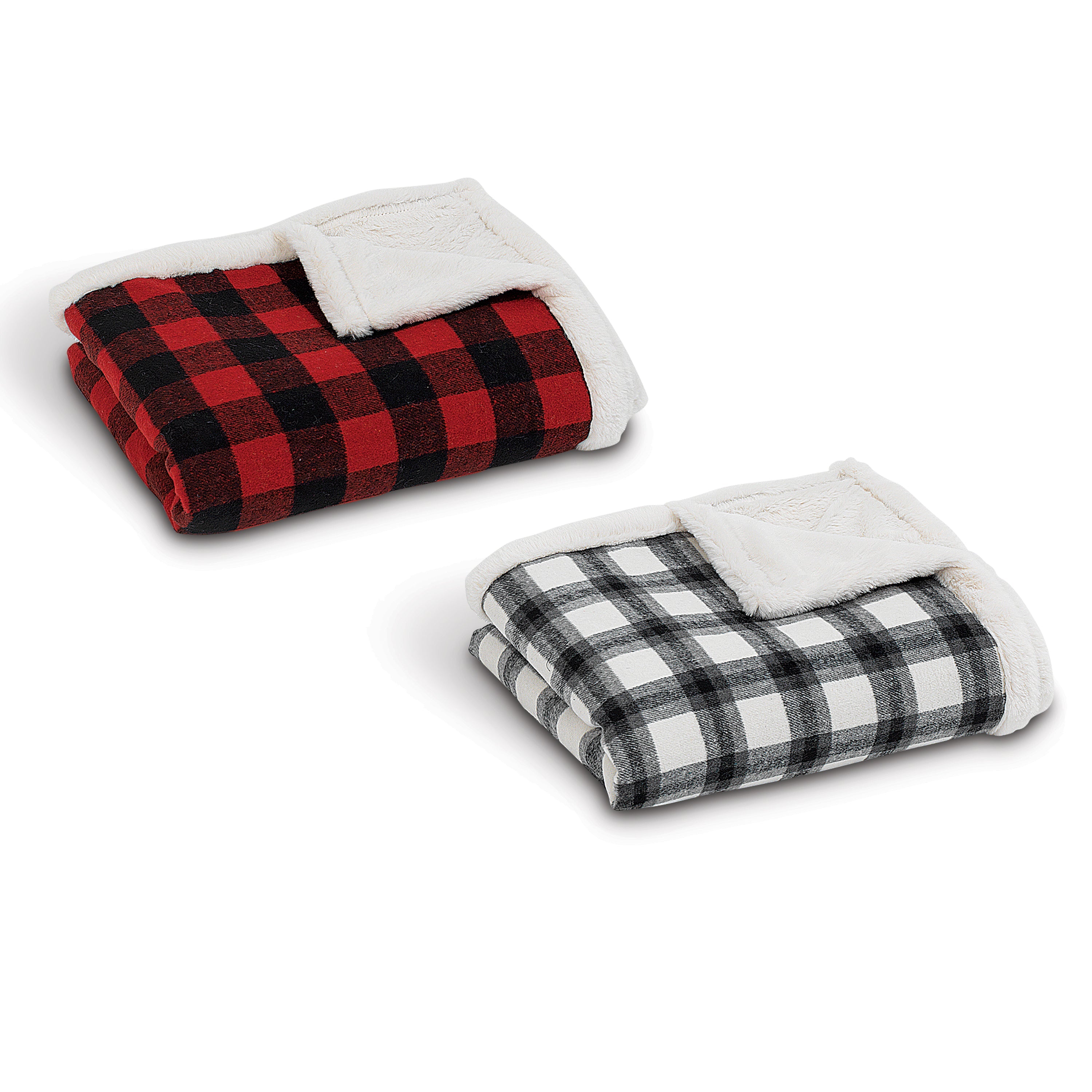 Fabric Plaid Throw With Faux Fur -