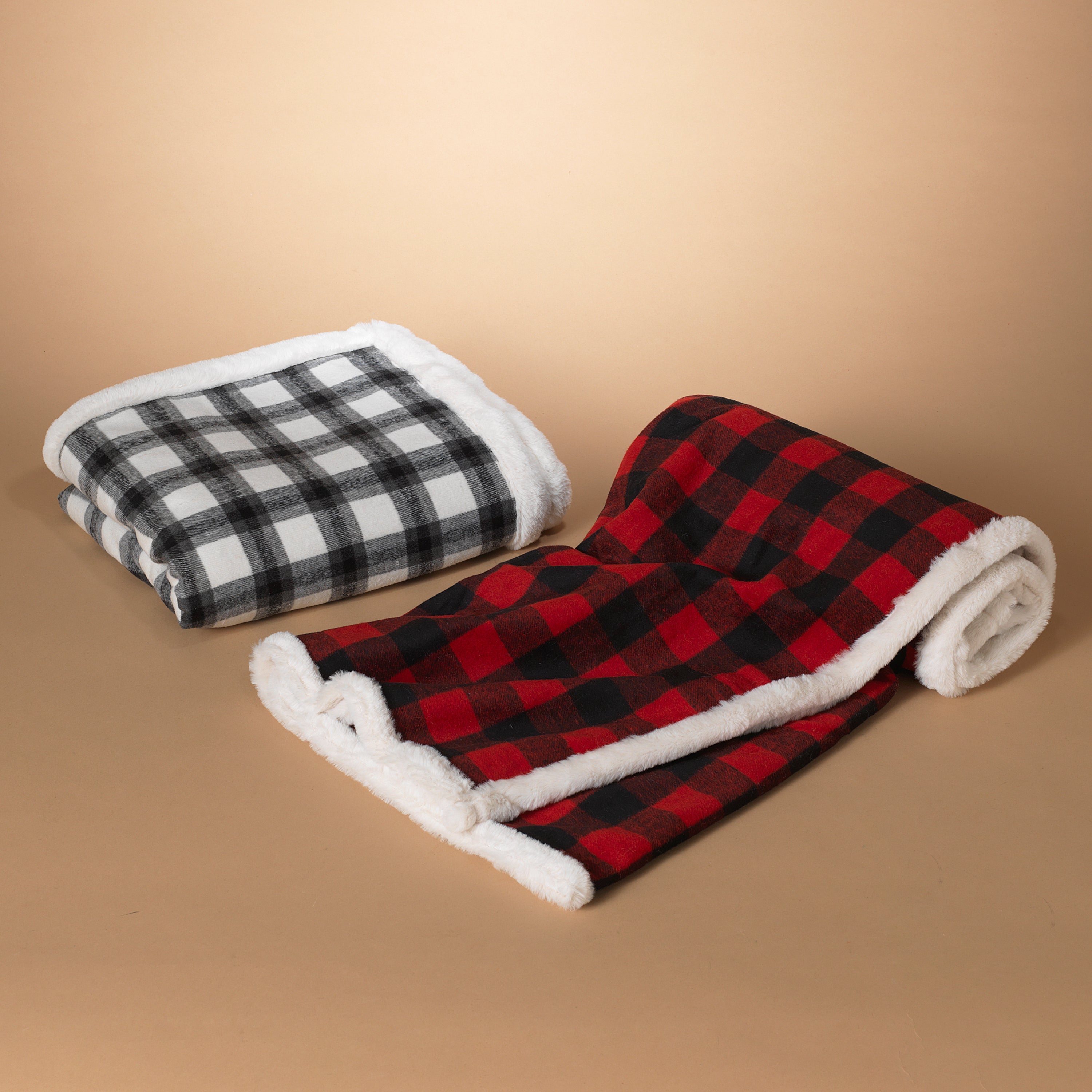 Fabric Plaid Throw With Faux Fur -