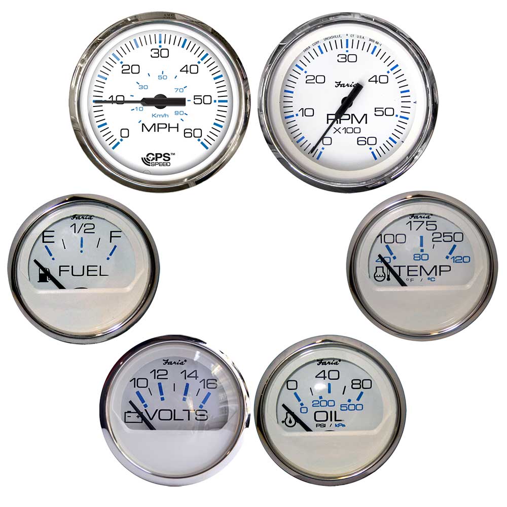 Faria Chesapeake White w/Stainless Steel Bezel Boxed Set of 6 - Speed, Tach, Fuel Level,