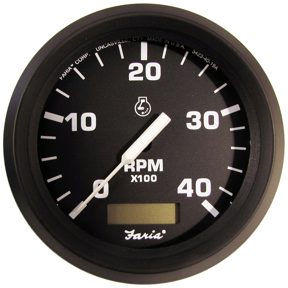 Faria Euro Black 4" Tachometer w/Hourmeter (4000 RPM) (Diesel)(Mech. Takeoff &amp; Var.