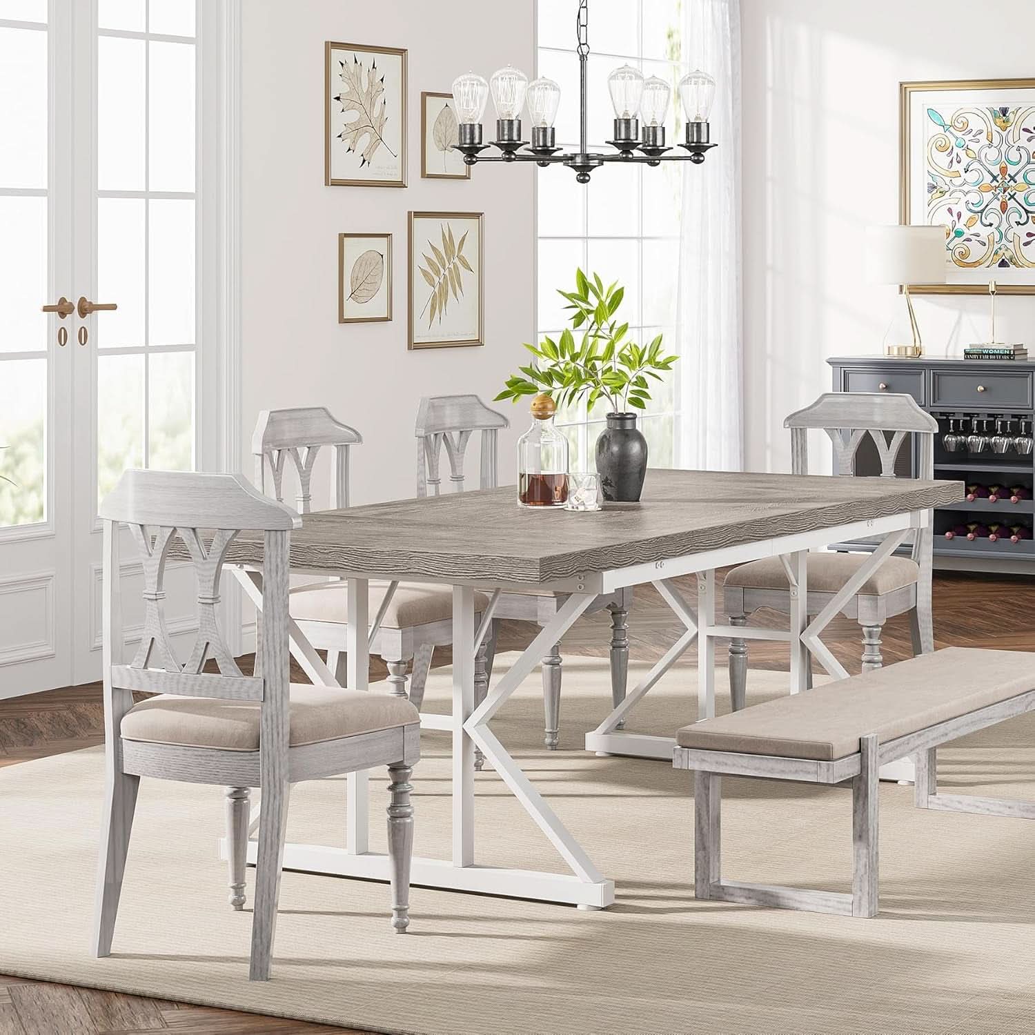 Farmhouse 6 Person Dining Table 70.8 Inch Grey Wood Table