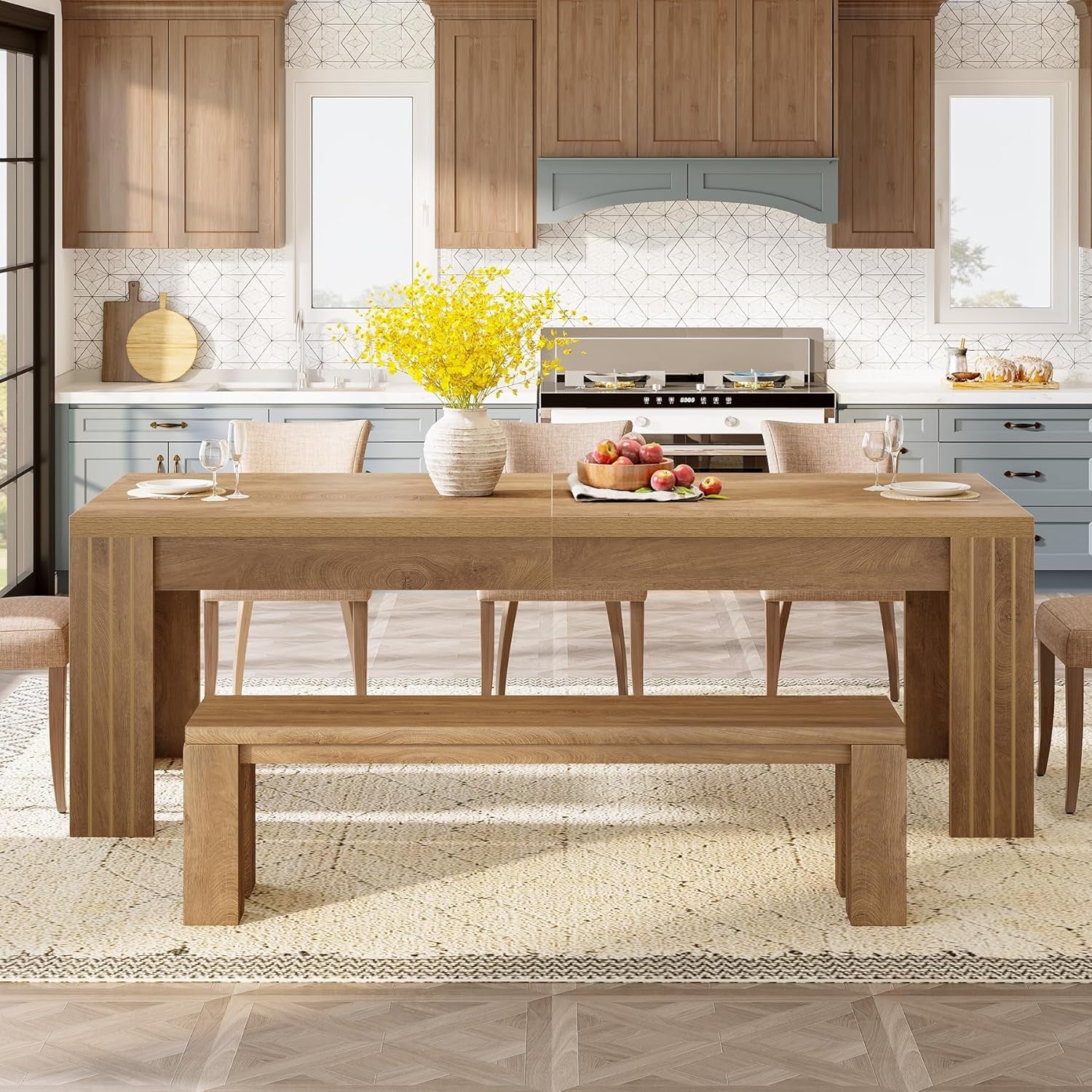 Farmhouse Rectangular Dining Table 78 Inch Natural Wood Seats 6 To 8