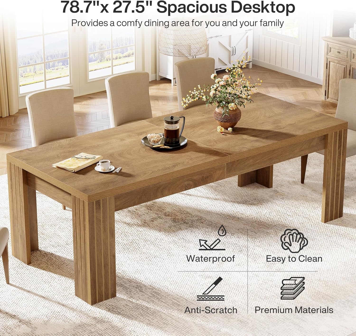 Farmhouse Rectangular Dining Table 78 Inch Natural Wood Seats 6 To 8