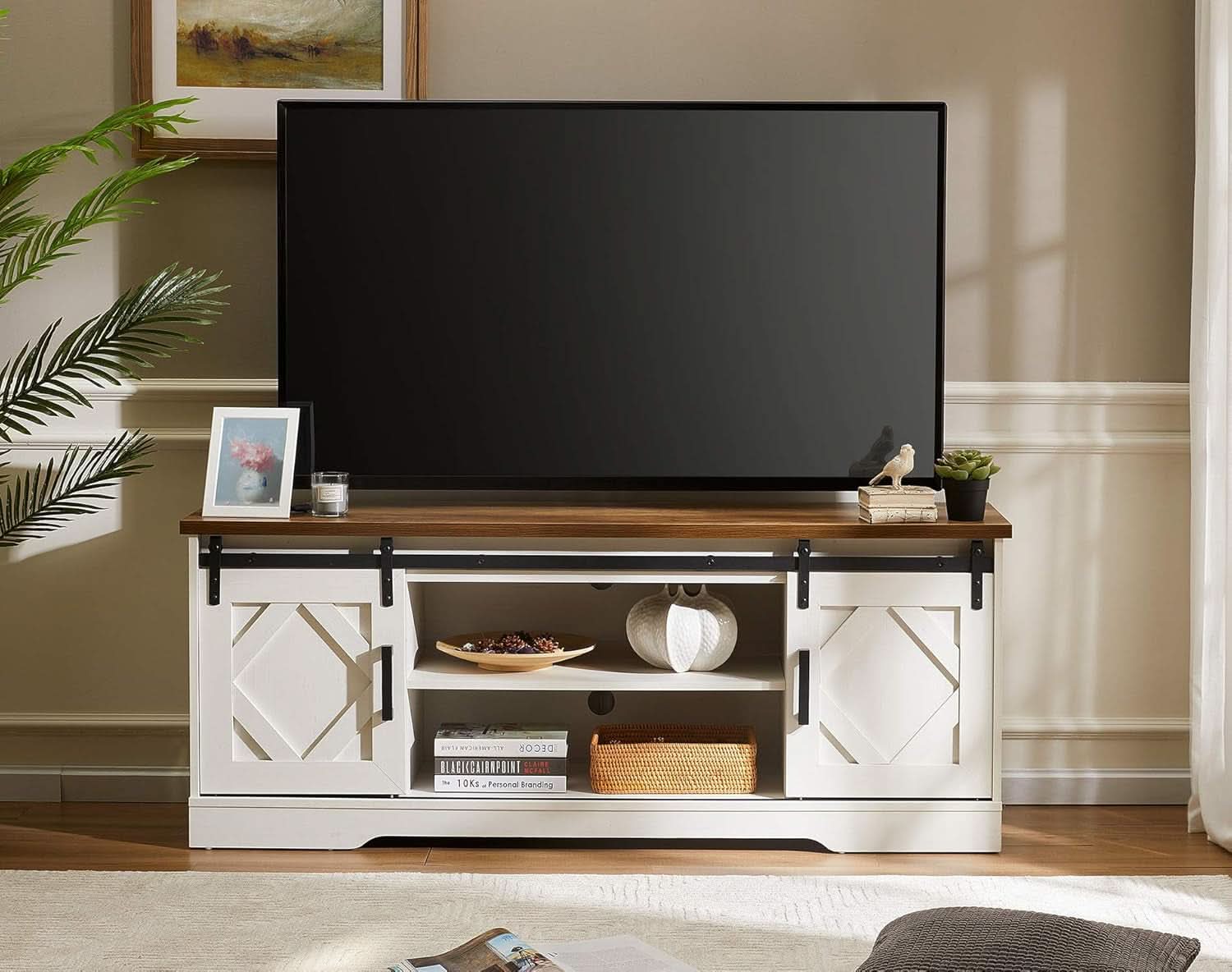 Farmhouse Sliding Barn Door TV Stand 65 Inch TVs White Oak