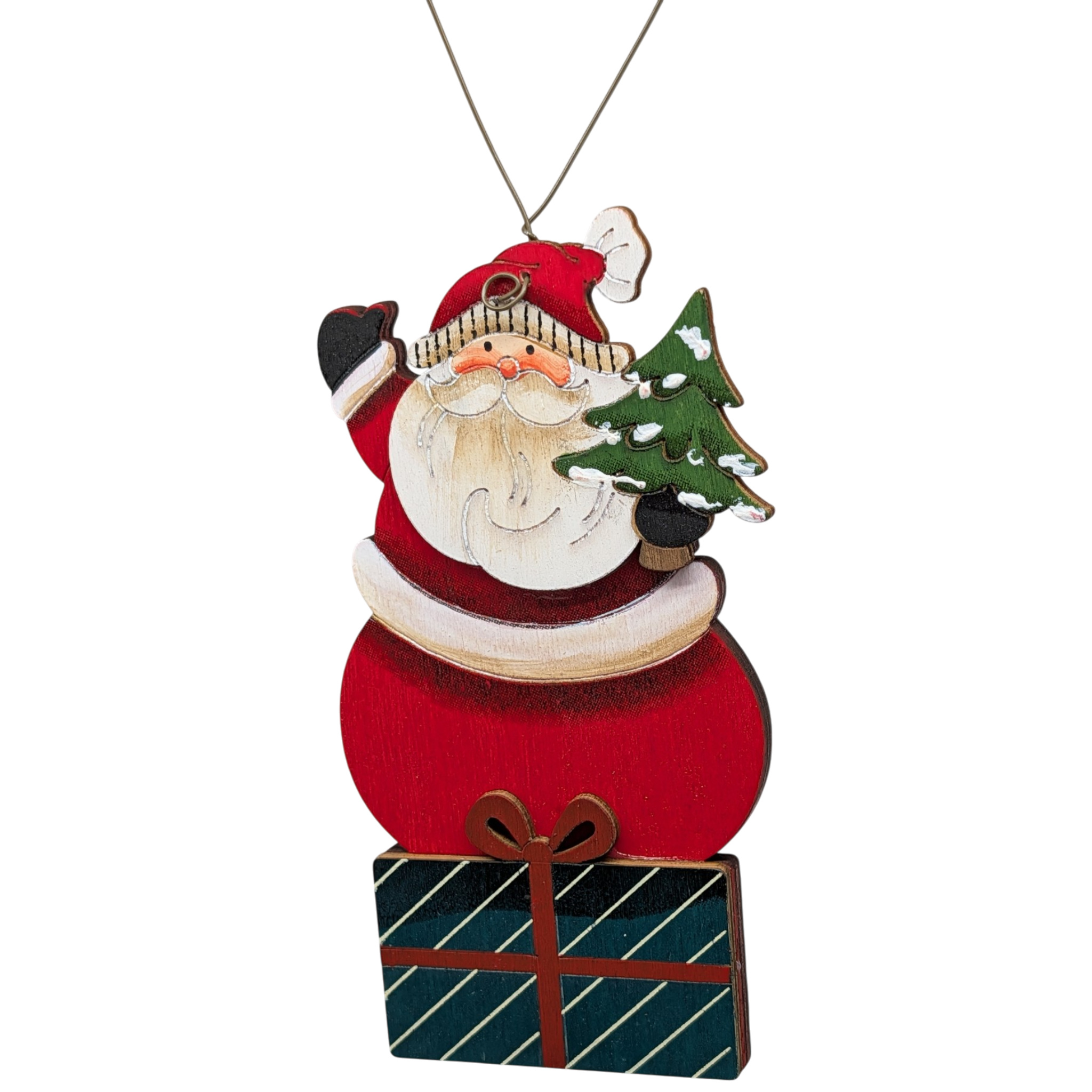 Father Christmas & His Evergreen Gift: Hand-Painted Plywood Ornament