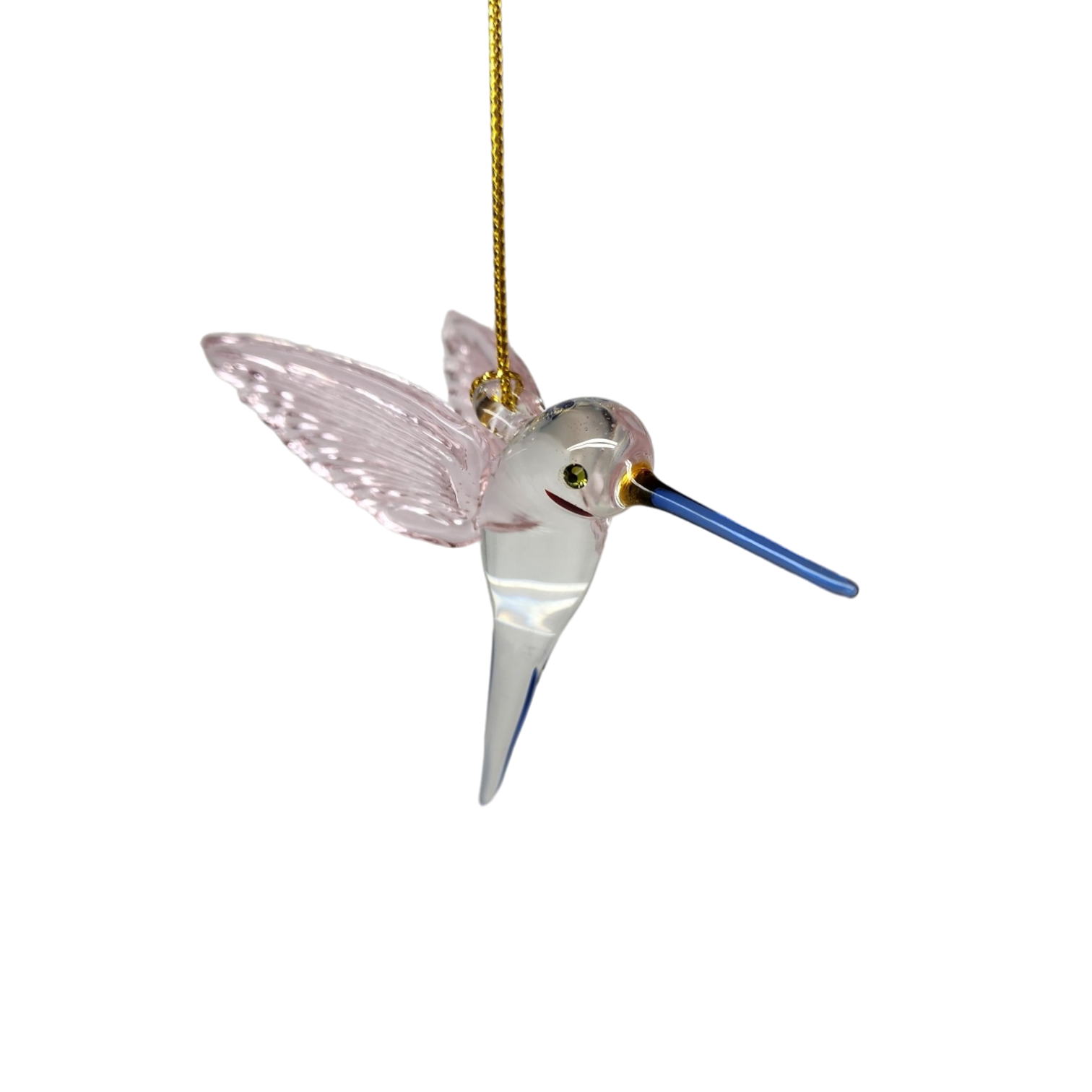 Feeding Hummingbird glass Ornament - Pink Wings / Blue Tail / Blue Beak