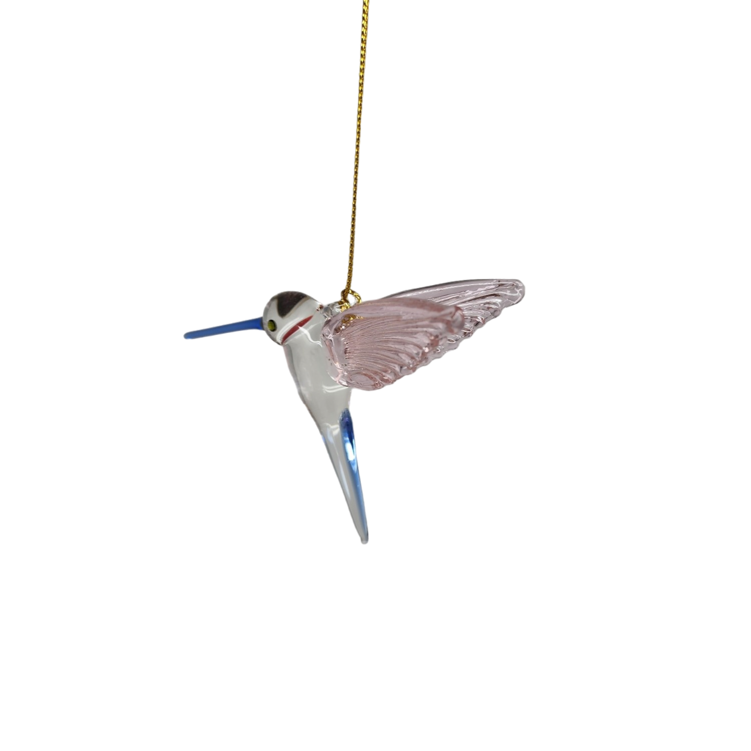 Feeding Hummingbird glass Ornament - Pink Wings / Blue Tail / Blue Beak