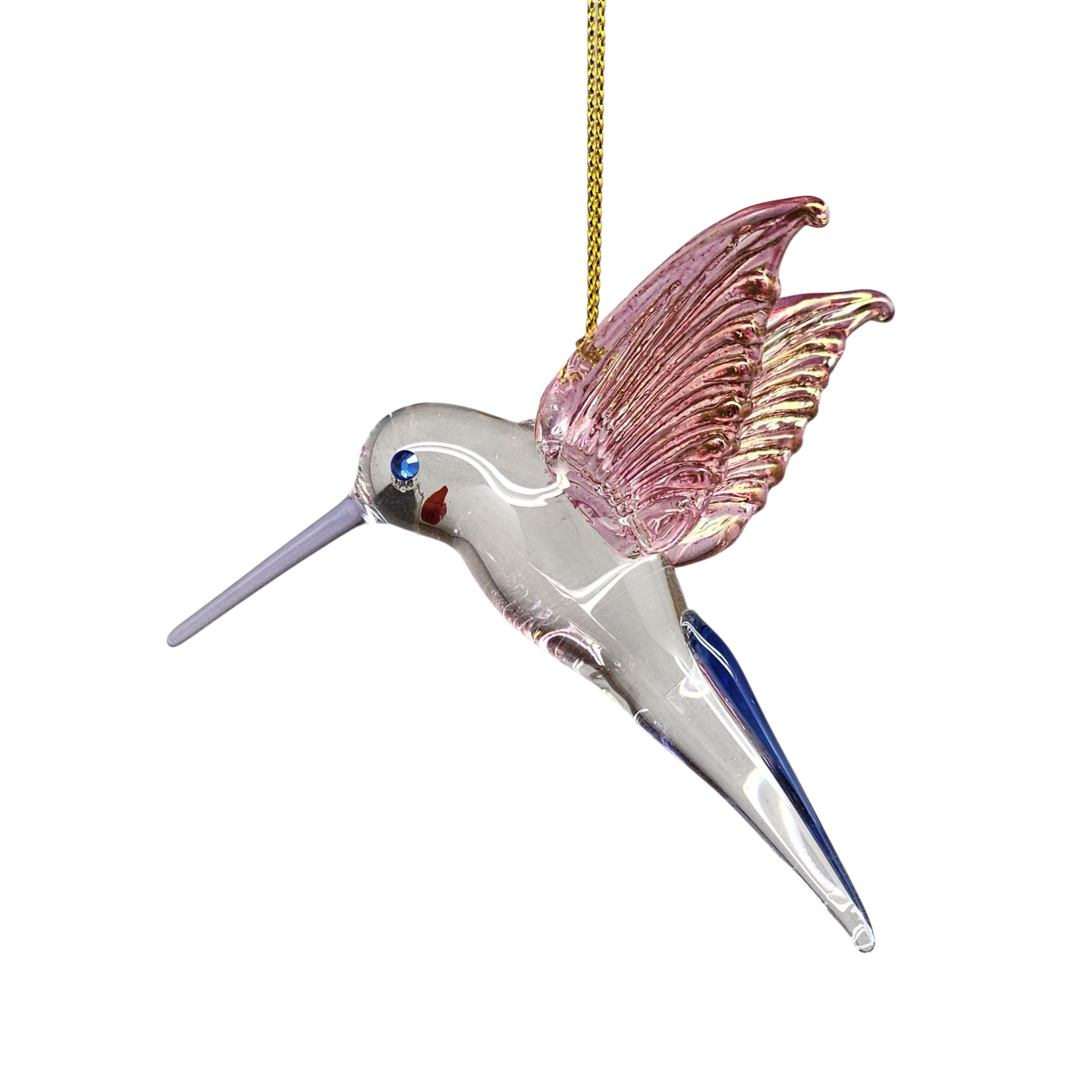 Feeding Hummingbird glass Ornament - Pink Wings / Blue Tail / Blue Beak