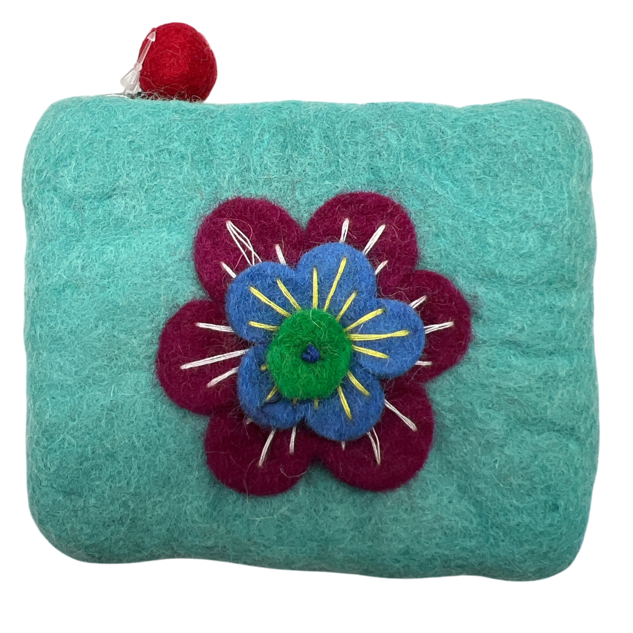 Felt Wool Teal Coin Purse with Flower Applique