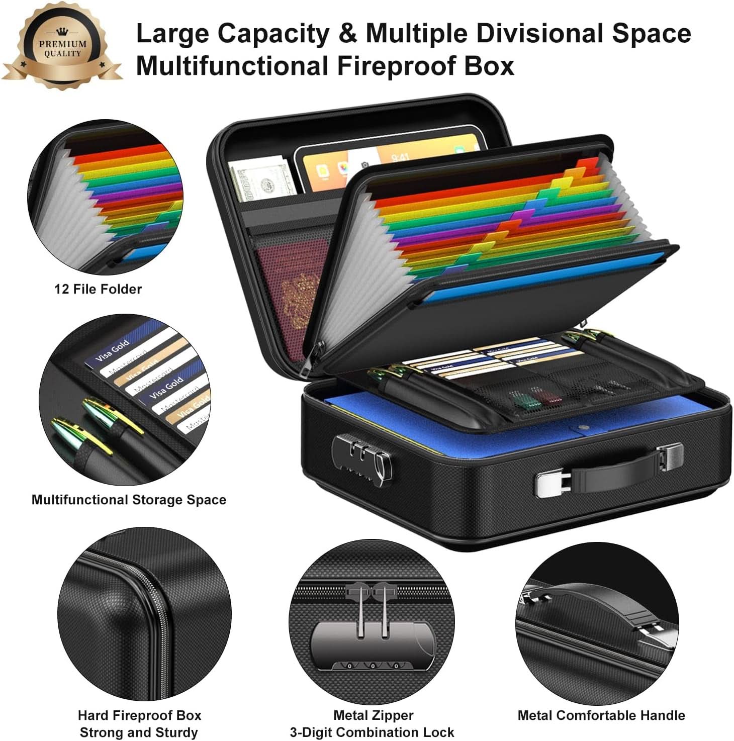 Fireproof Document Box Hard Shell Lock UL Certified