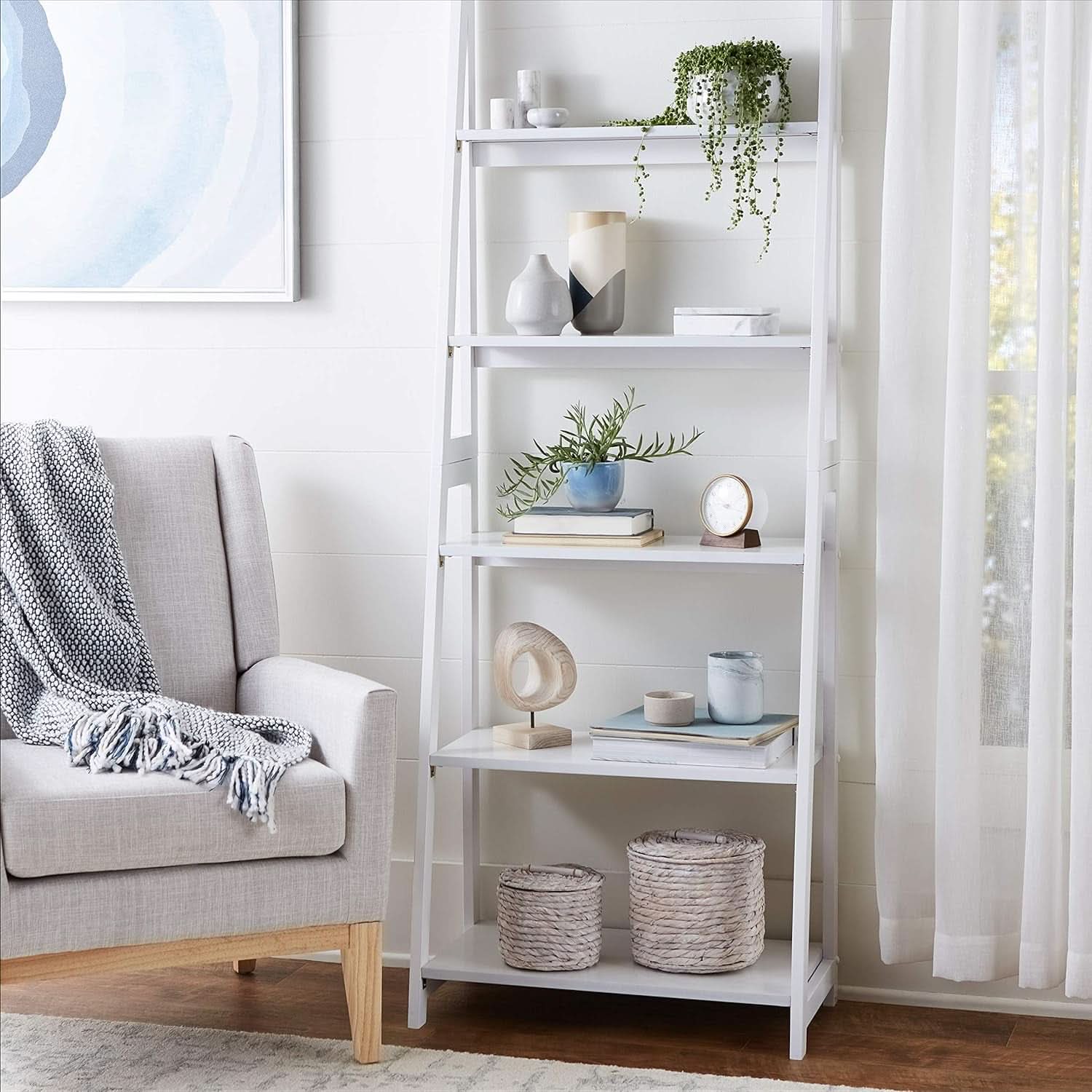 Five Tier Ladder Bookshelf Organizer In White Rubberwood 70 Inch Tall