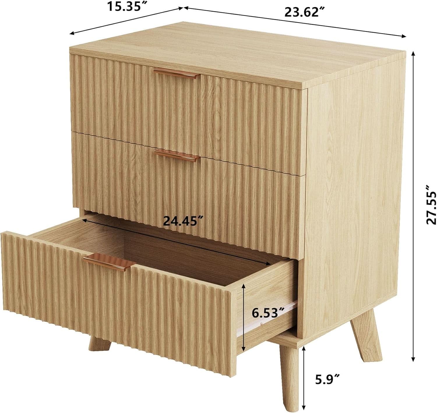 Fluted 3 Drawer Dresser Natural Wood Storage Chest