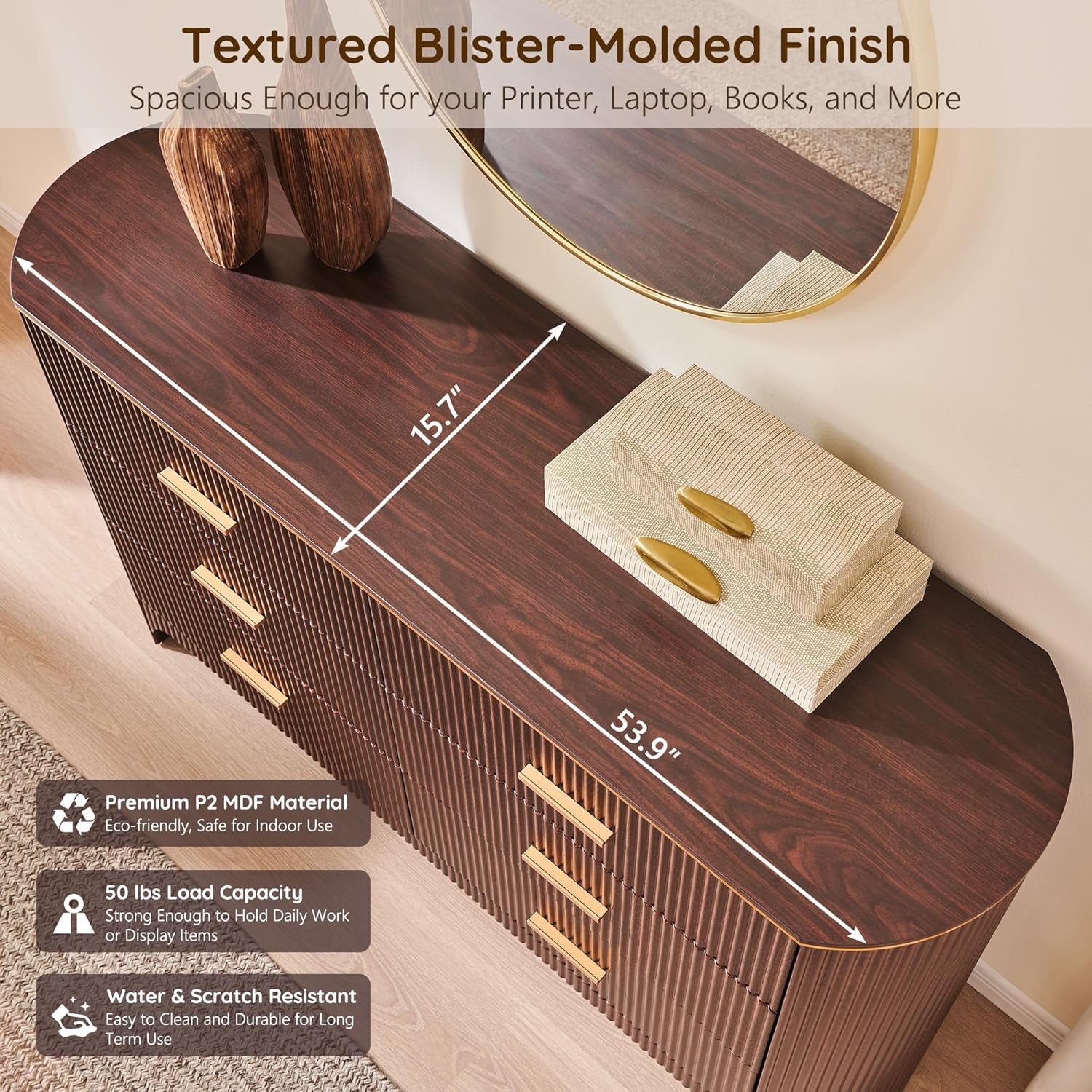 Fluted 53 Inch Wide Dresser Walnut Oak Finish Premium
