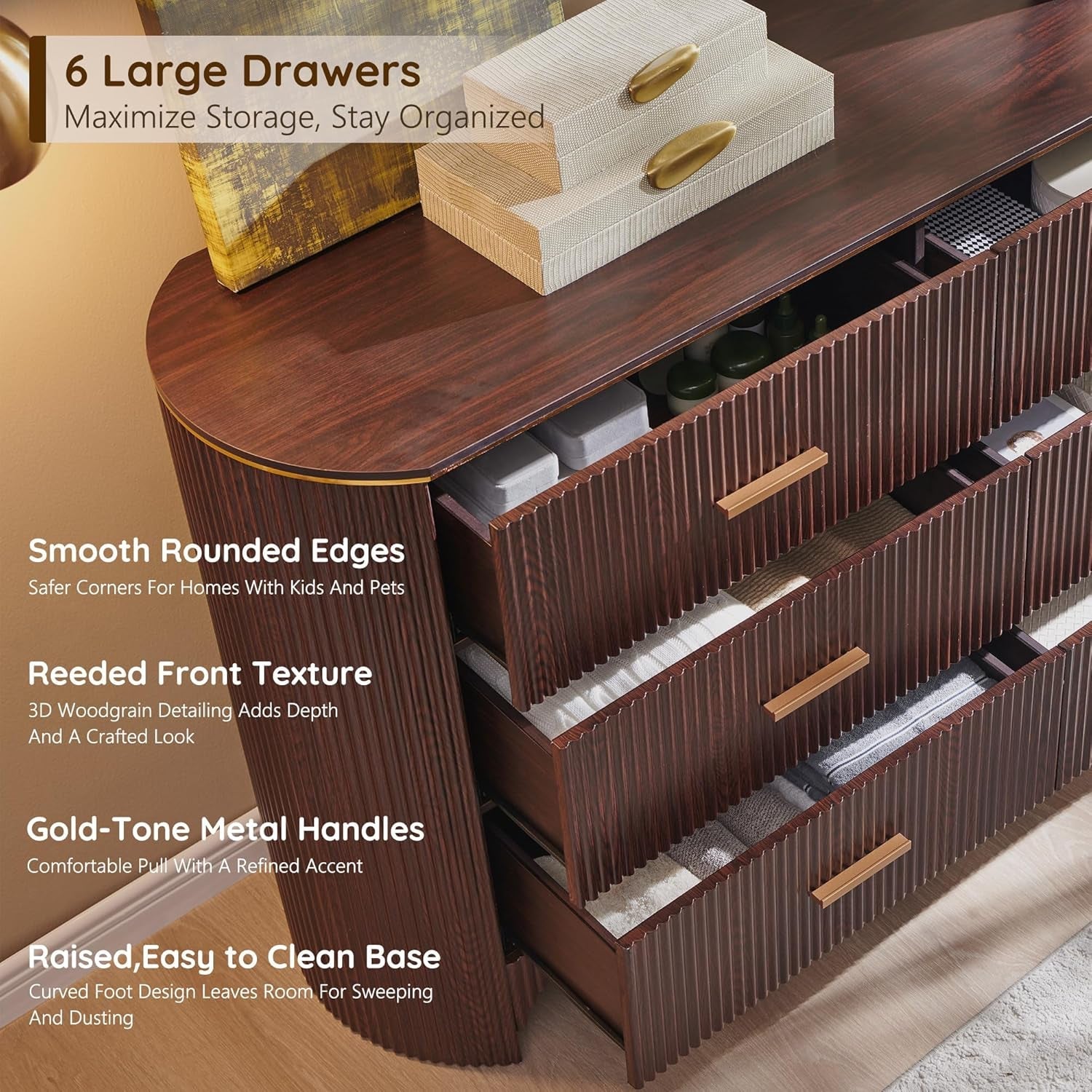 Fluted 53 Inch Wide Dresser Walnut Oak Finish Premium