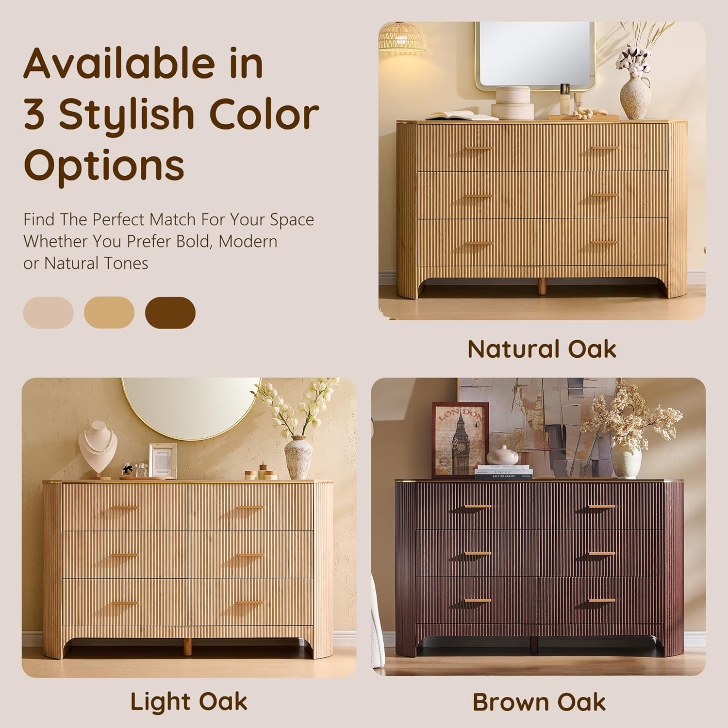 Fluted 53 Inch Wide Dresser Walnut Oak Finish Premium