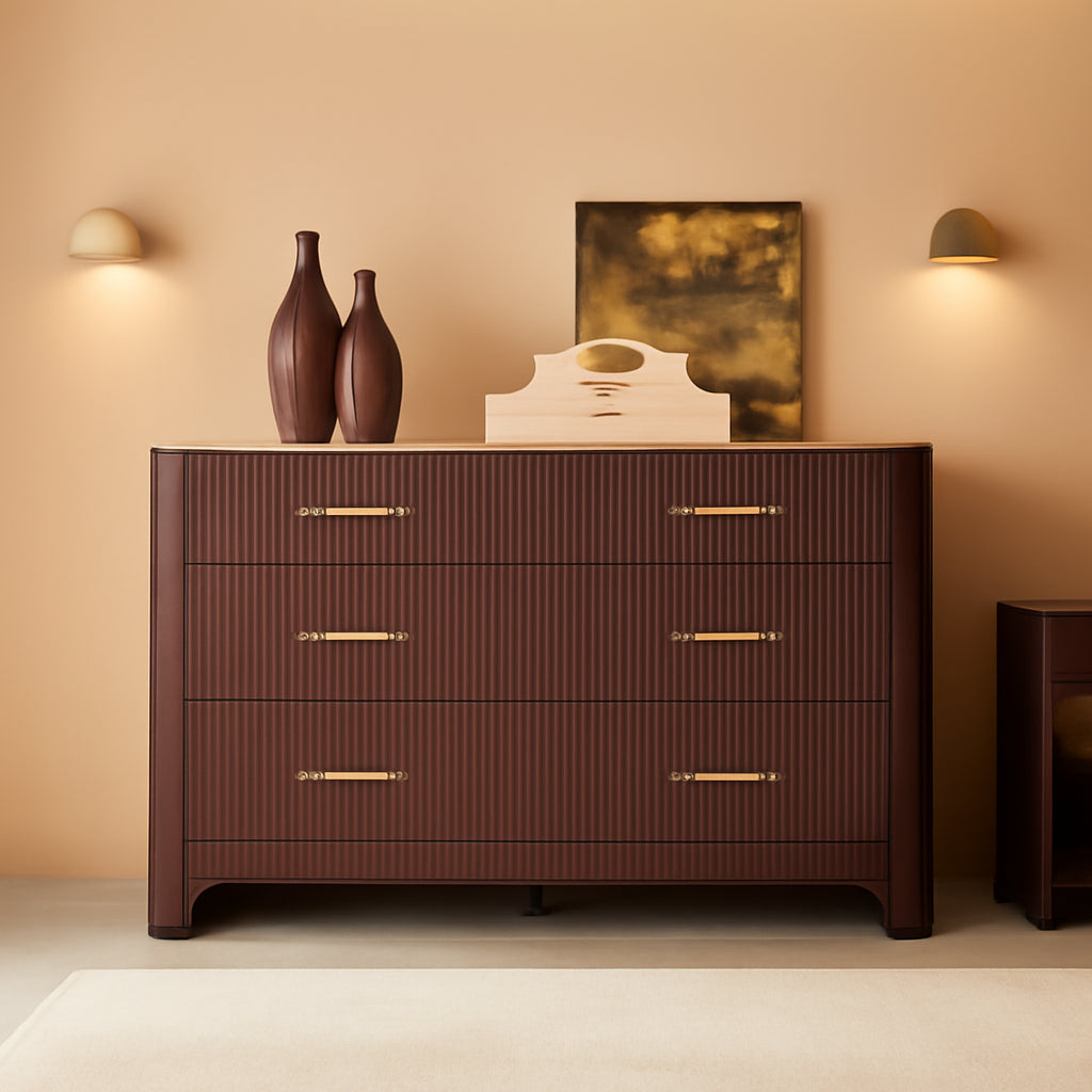 Fluted 53 Inch Wide Dresser Walnut Oak Finish Premium