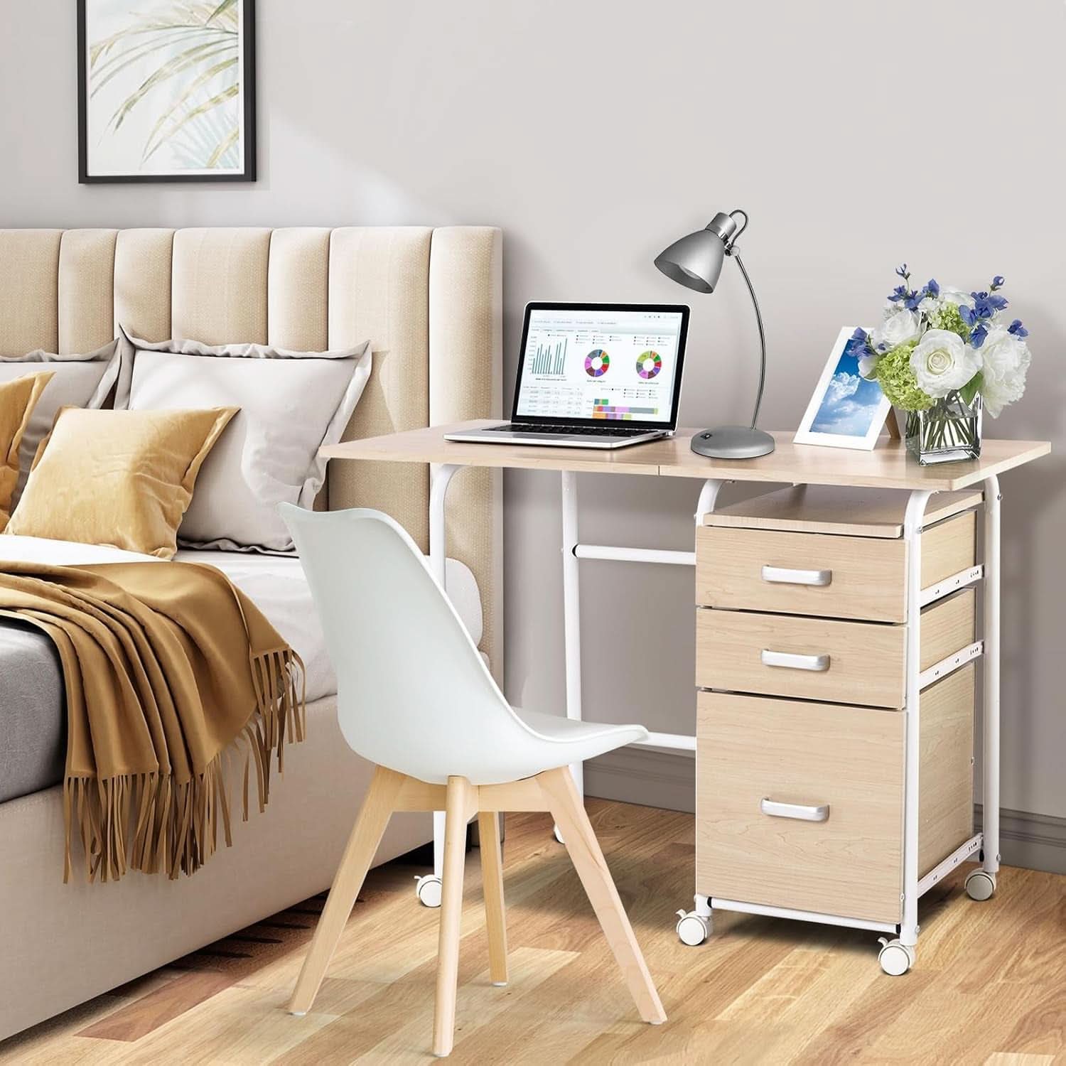 Foldable Laptop Desk with Drawers and Rolling Wheels