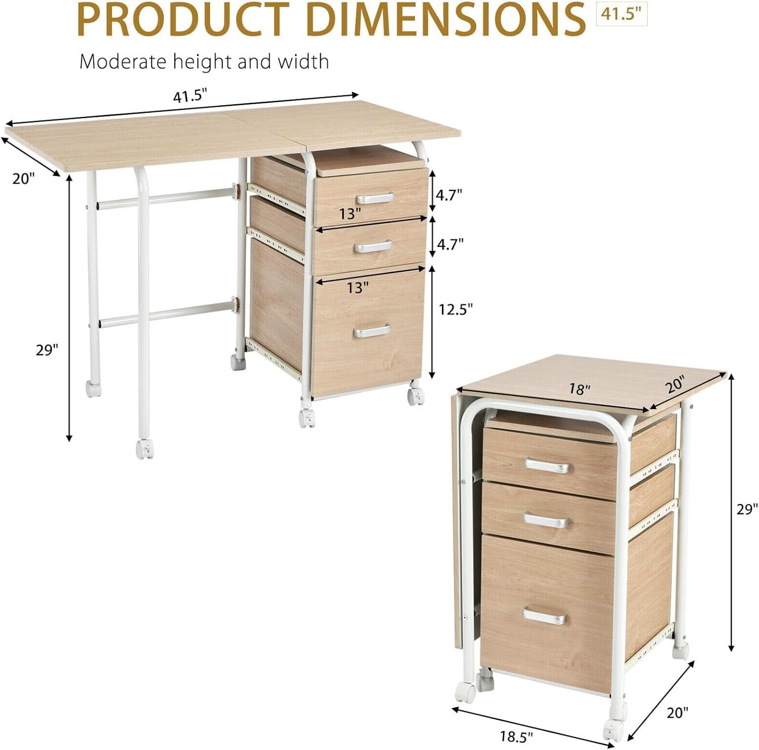 Foldable Laptop Desk with Drawers and Rolling Wheels